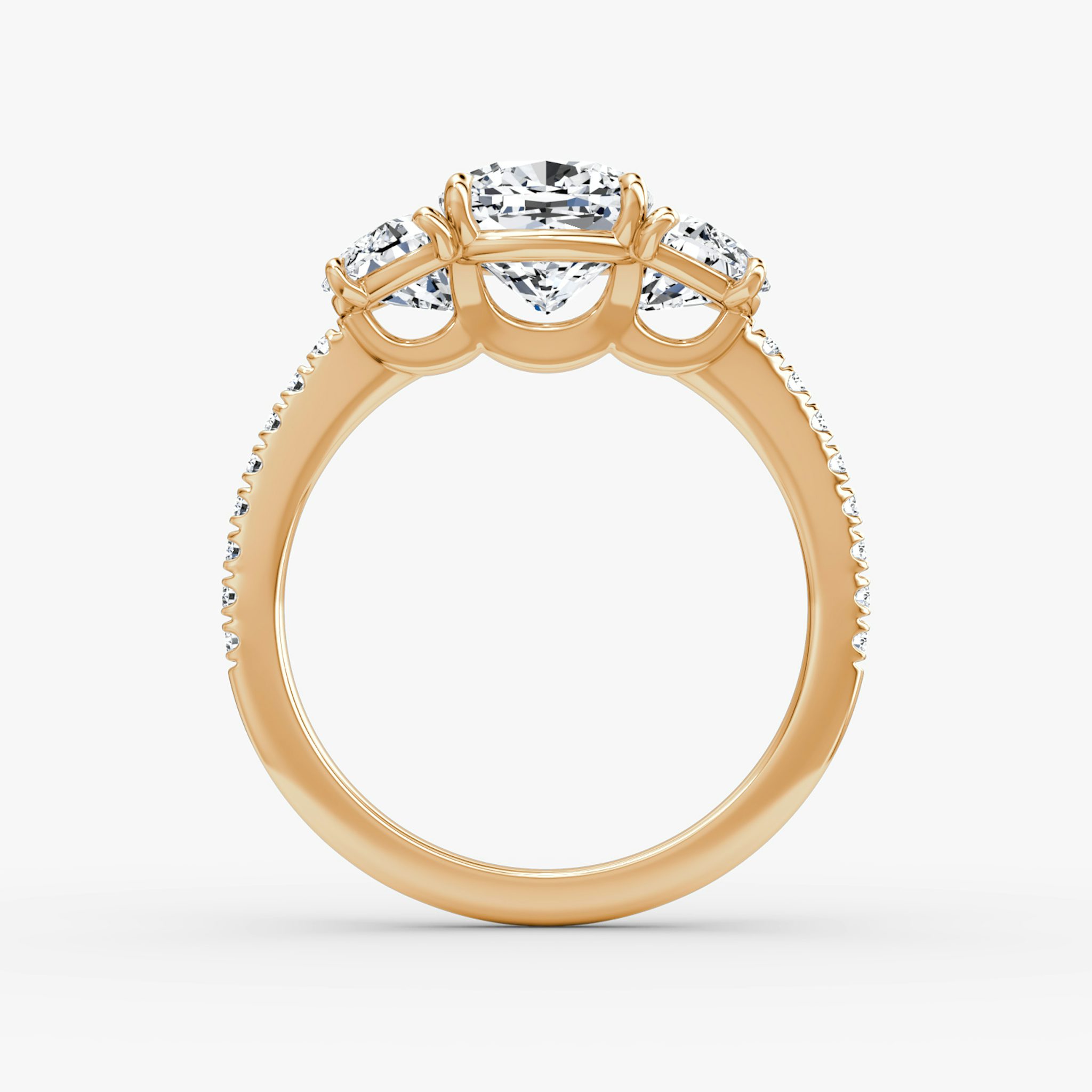 The Three Stone | Cushion | 14k | Rose Gold | bandAccent: Pavé | sideStoneCarat: 0.50ct | sideStoneShape: Half Moon | diamondOrientation: vertical | caratWeight: other