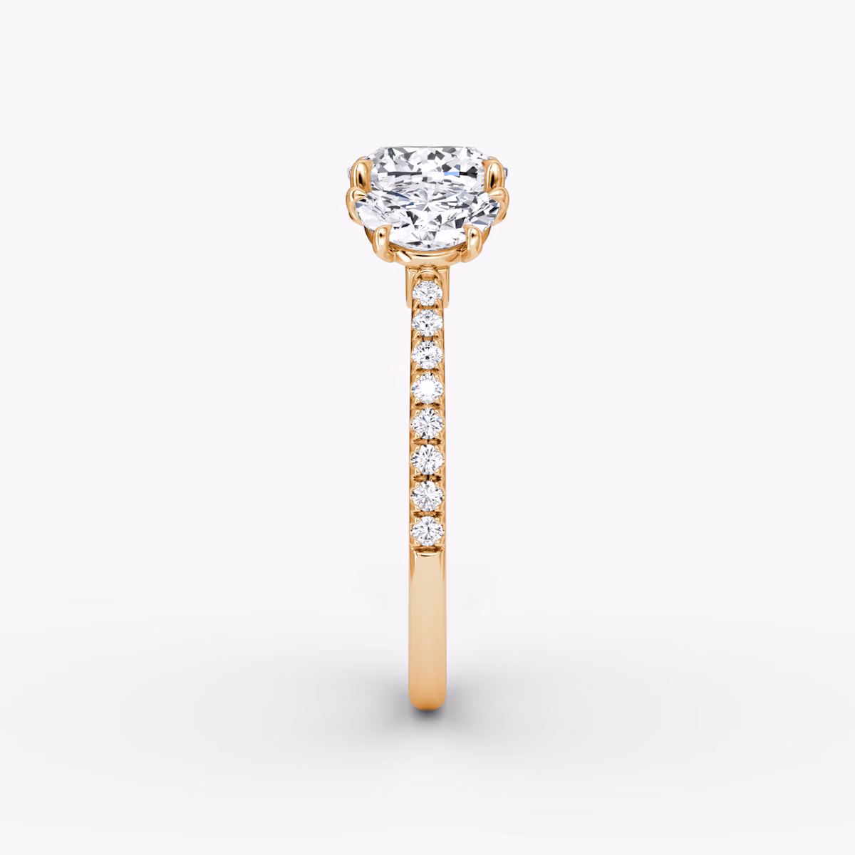 The Three Stone | Cushion | 14k | Rose Gold | bandAccent: Pavé | sideStoneCarat: 0.50ct | sideStoneShape: Half Moon | diamondOrientation: vertical | caratWeight: other