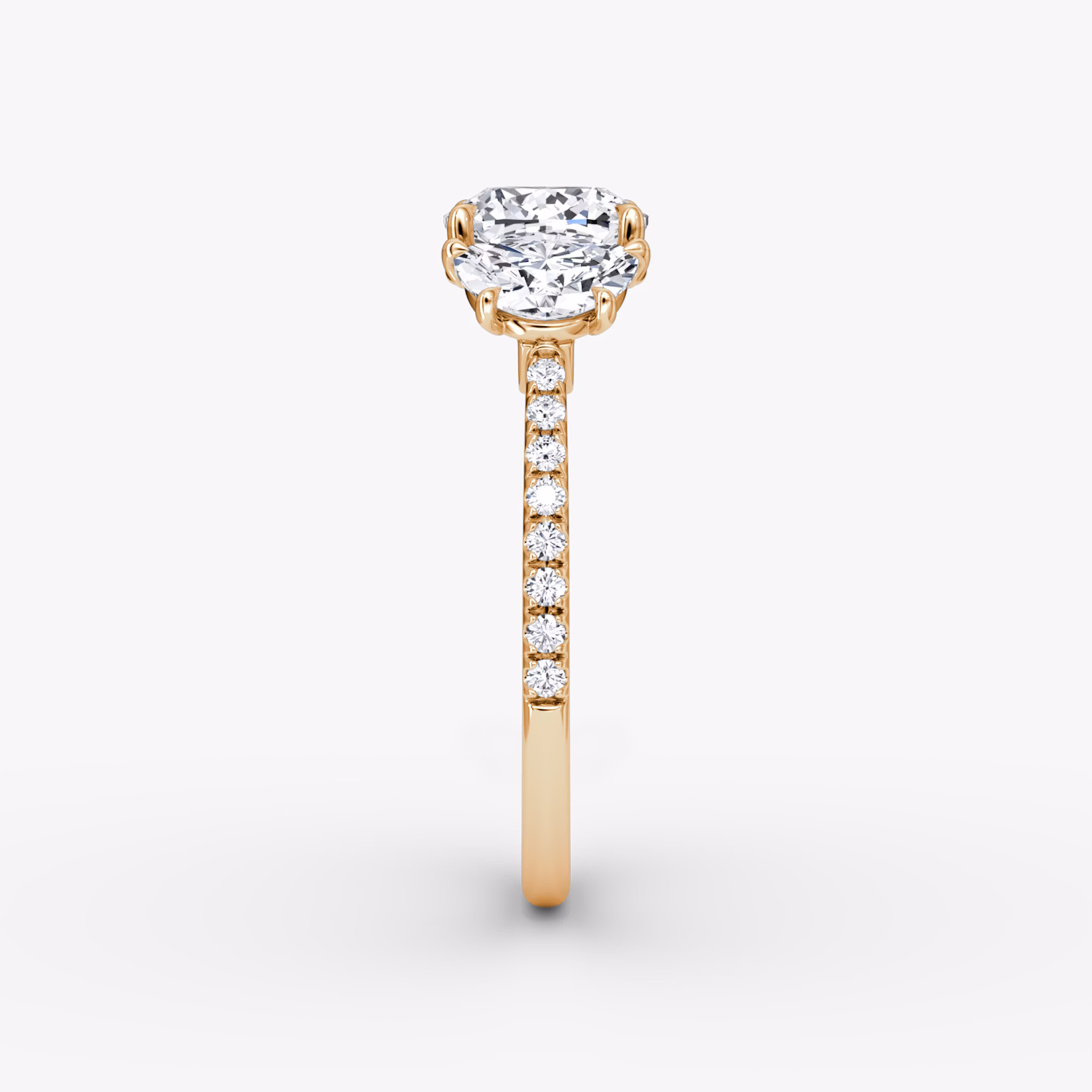 The Three Stone | Cushion | 14k | Rose Gold | bandAccent: Pavé | sideStoneCarat: 0.50ct | sideStoneShape: Half Moon | diamondOrientation: vertical | caratWeight: other