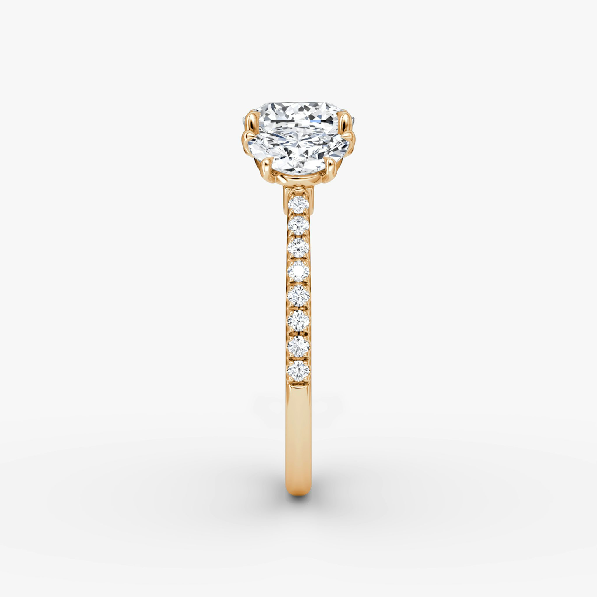 The Three Stone | Cushion | 14k | Rose Gold | bandAccent: Pavé | sideStoneCarat: 0.50ct | sideStoneShape: Half Moon | diamondOrientation: vertical | caratWeight: other