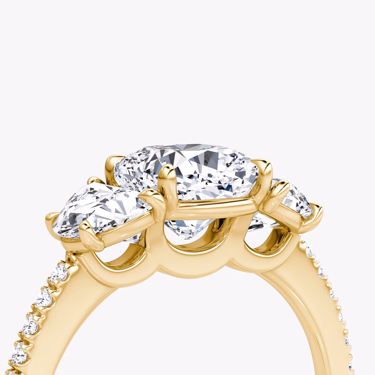 The Three Stone | Cushion | 18k | Yellow Gold | bandAccent: Pavé | sideStoneCarat: 0.50ct | sideStoneShape: Half Moon | diamondOrientation: vertical | caratWeight: other