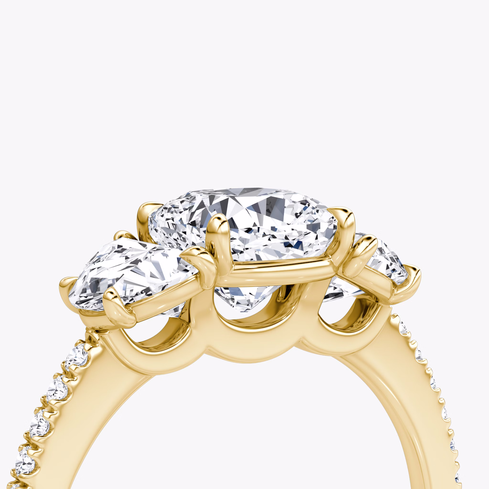 The Three Stone | Cushion | 18k | Yellow Gold | bandAccent: Pavé | sideStoneCarat: 0.50ct | sideStoneShape: Half Moon | diamondOrientation: vertical | caratWeight: other