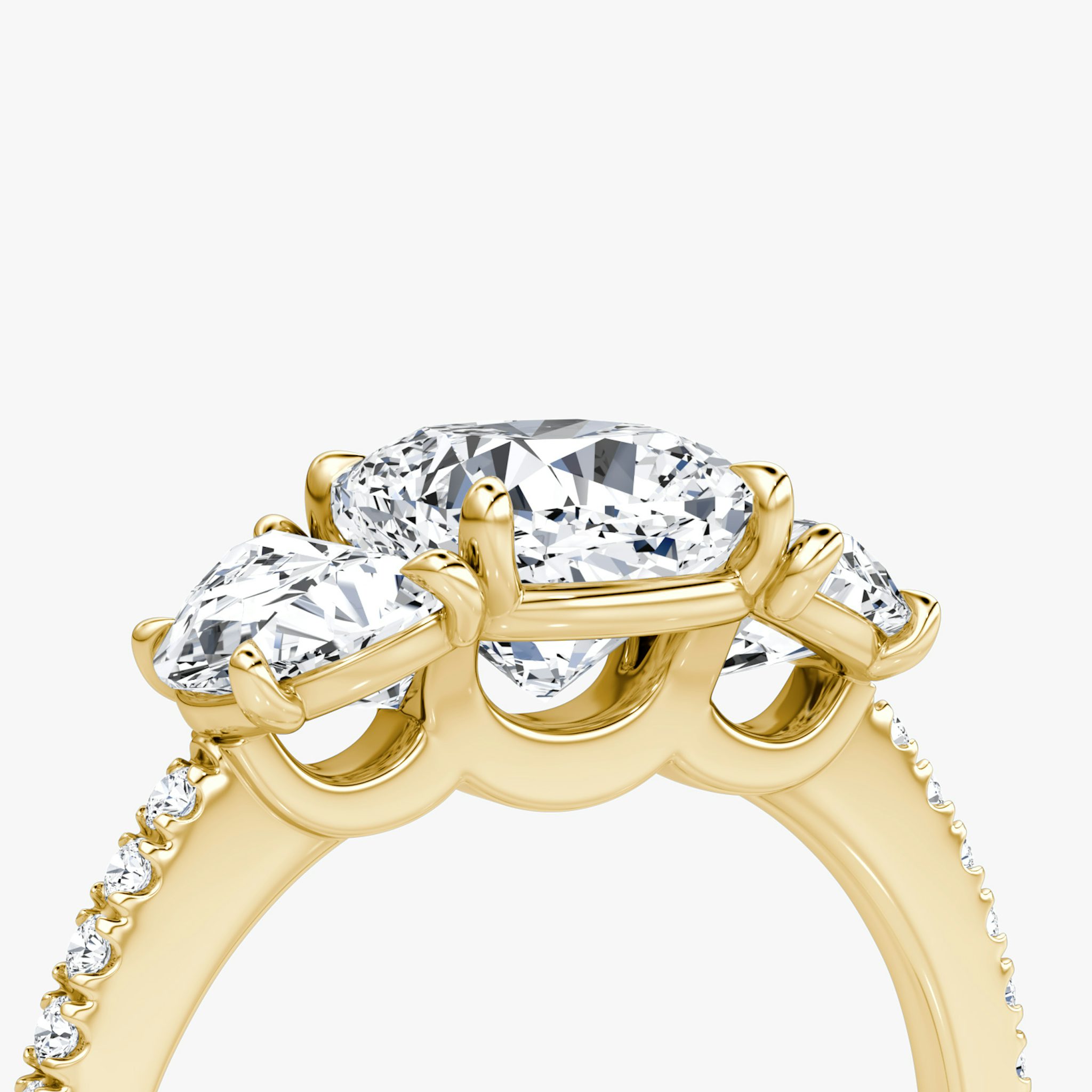 The Three Stone | Cushion | 18k | Yellow Gold | bandAccent: Pavé | sideStoneCarat: 0.50ct | sideStoneShape: Half Moon | diamondOrientation: vertical | caratWeight: other
