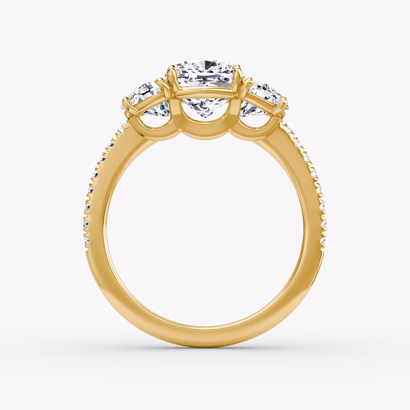 The Three Stone | Cushion | 18k | Yellow Gold | bandAccent: Pavé | sideStoneCarat: 0.50ct | sideStoneShape: Half Moon | diamondOrientation: vertical | caratWeight: other