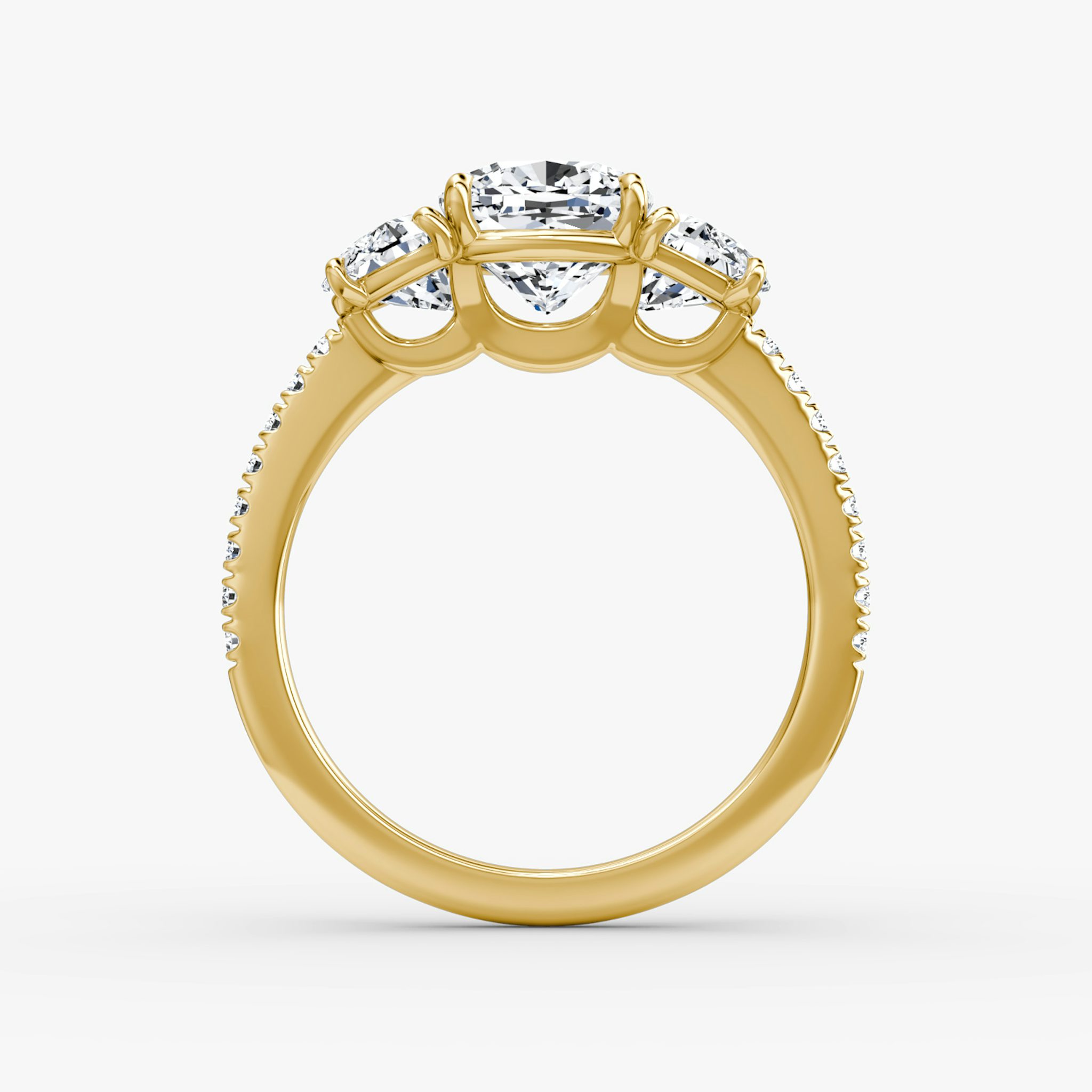 The Three Stone | Cushion | 18k | Yellow Gold | bandAccent: Pavé | sideStoneCarat: 0.50ct | sideStoneShape: Half Moon | diamondOrientation: vertical | caratWeight: other