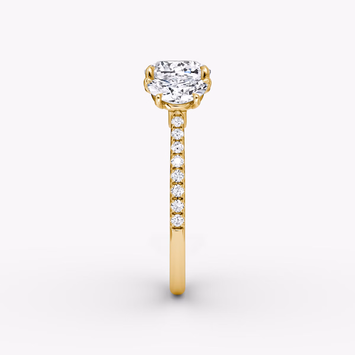 The Three Stone | Cushion | 18k | Yellow Gold | bandAccent: Pavé | sideStoneCarat: 0.50ct | sideStoneShape: Half Moon | diamondOrientation: vertical | caratWeight: other
