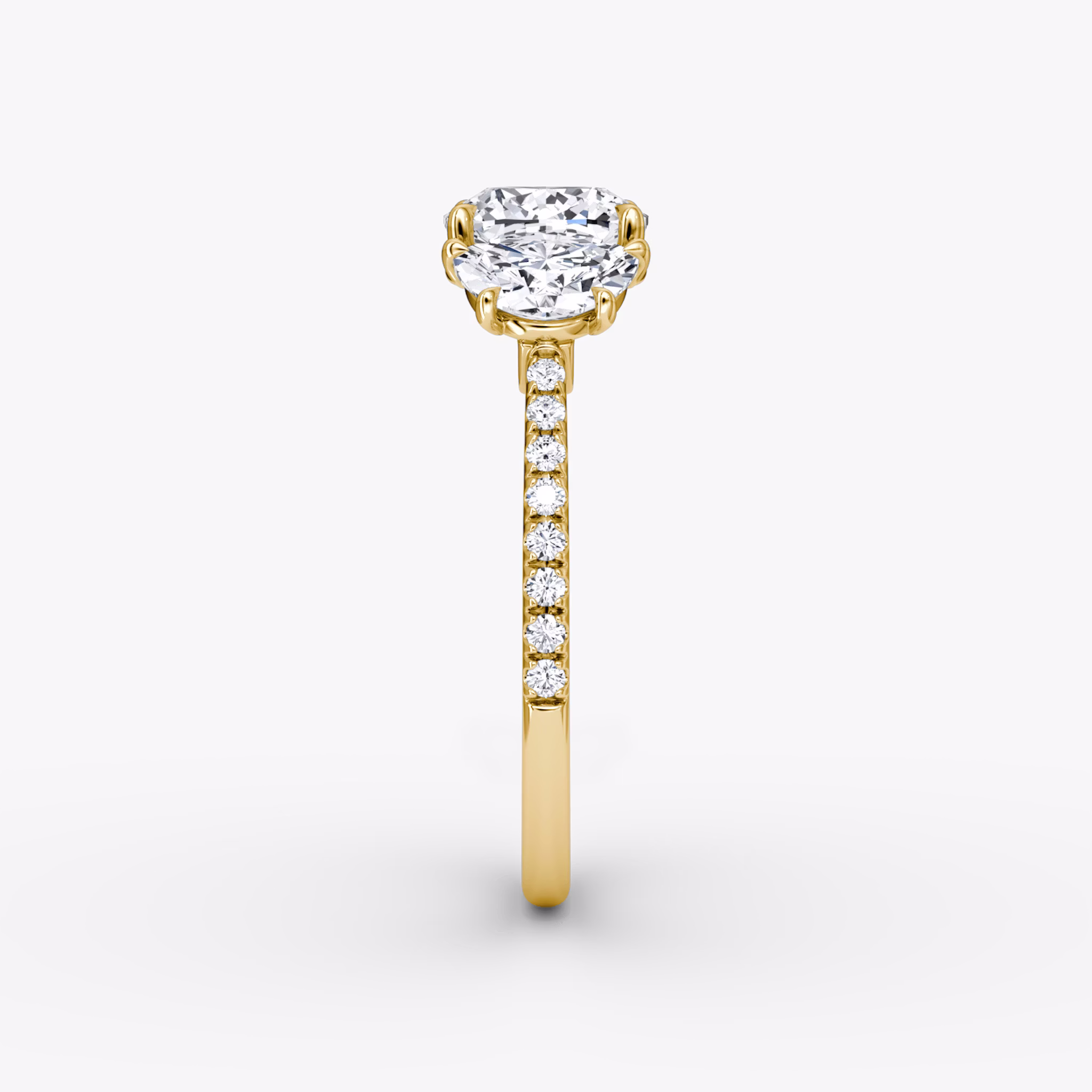 The Three Stone | Cushion | 18k | Yellow Gold | bandAccent: Pavé | sideStoneCarat: 0.50ct | sideStoneShape: Half Moon | diamondOrientation: vertical | caratWeight: other