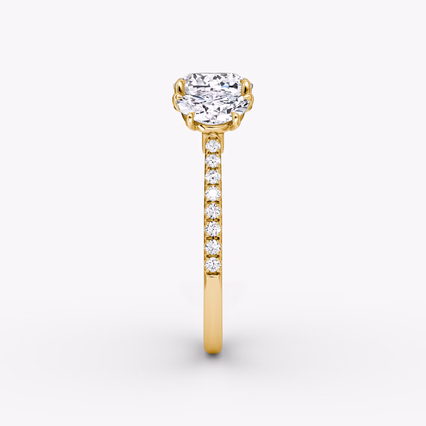 The Three Stone | Cushion | 18k | Yellow Gold | bandAccent: Pavé | sideStoneCarat: 0.50ct | sideStoneShape: Half Moon | diamondOrientation: vertical | caratWeight: other