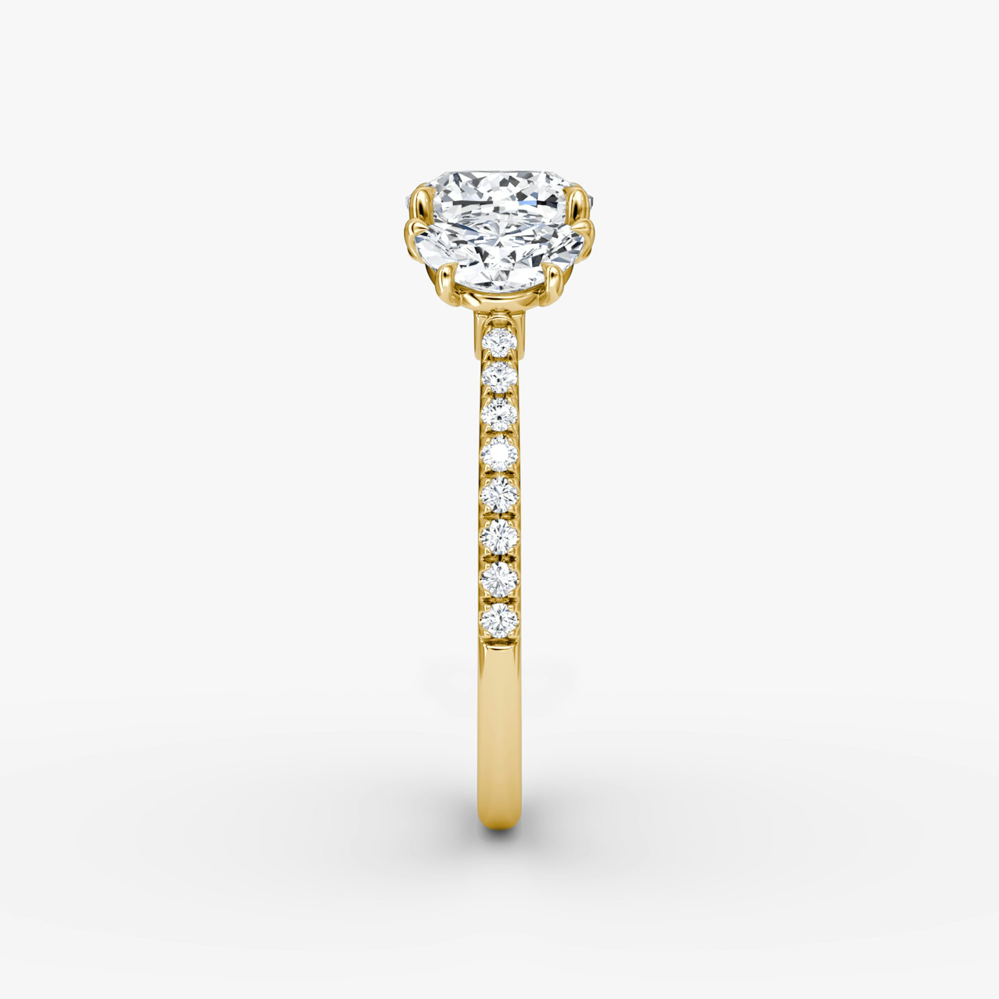 The Three Stone | Cushion | 18k | Yellow Gold | bandAccent: Pavé | sideStoneCarat: 0.50ct | sideStoneShape: Half Moon | diamondOrientation: vertical | caratWeight: other