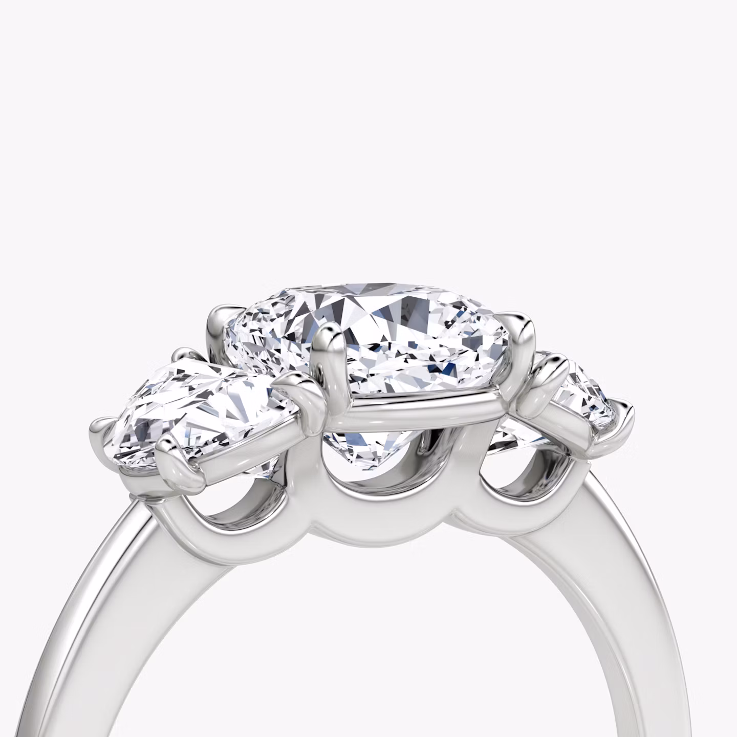 The Three Stone | Cushion | Platinum | bandAccent: Plain | sideStoneCarat: 0.50ct | sideStoneShape: Half Moon | diamondOrientation: vertical | caratWeight: other