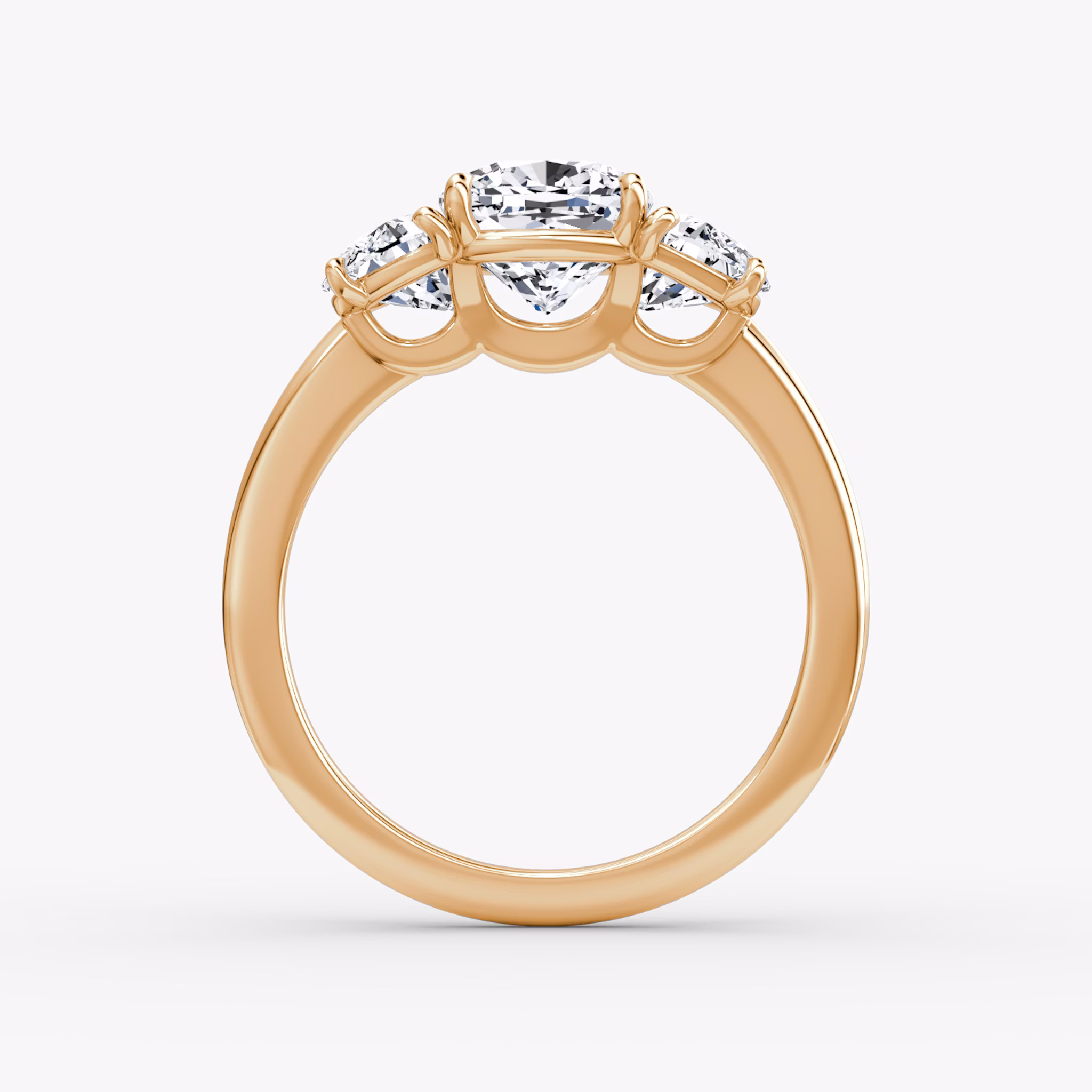 The Three Stone | Cushion | 14k | Rose Gold | bandAccent: Plain | sideStoneCarat: 0.50ct | sideStoneShape: Half Moon | diamondOrientation: vertical | caratWeight: other