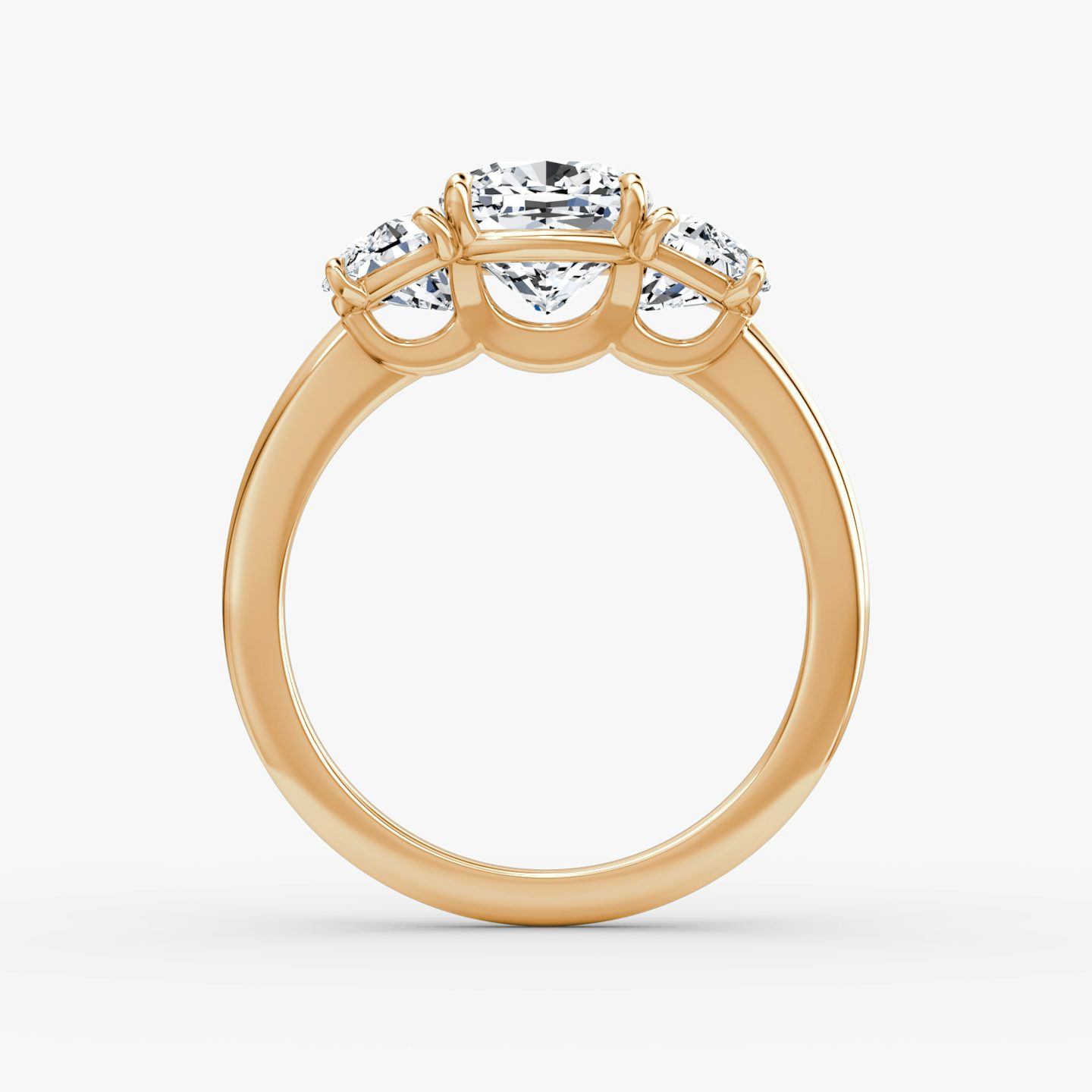 The Three Stone | Cushion | 14k | Rose Gold | bandAccent: Plain | sideStoneCarat: 0.50ct | sideStoneShape: Half Moon | diamondOrientation: vertical | caratWeight: other