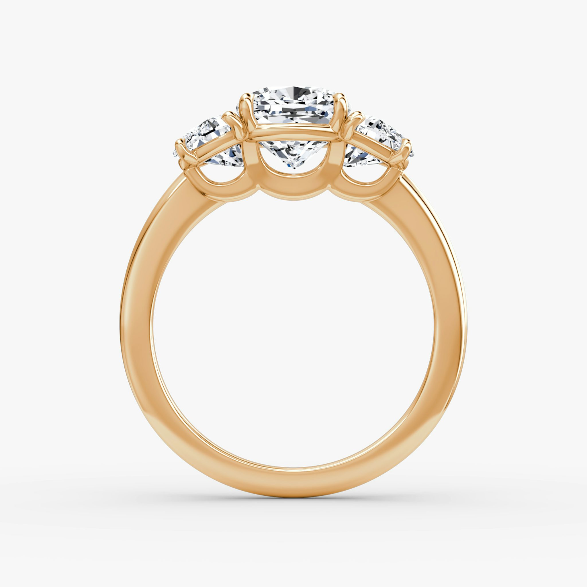 The Three Stone | Cushion | 14k | Rose Gold | bandAccent: Plain | sideStoneCarat: 0.50ct | sideStoneShape: Half Moon | diamondOrientation: vertical | caratWeight: other