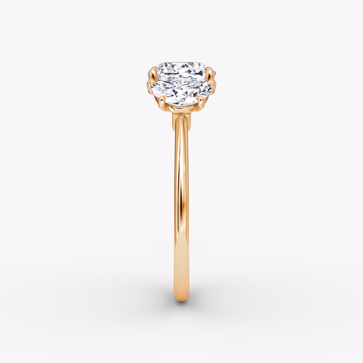 The Three Stone | Cushion | 14k | Rose Gold | bandAccent: Plain | sideStoneCarat: 0.50ct | sideStoneShape: Half Moon | diamondOrientation: vertical | caratWeight: other