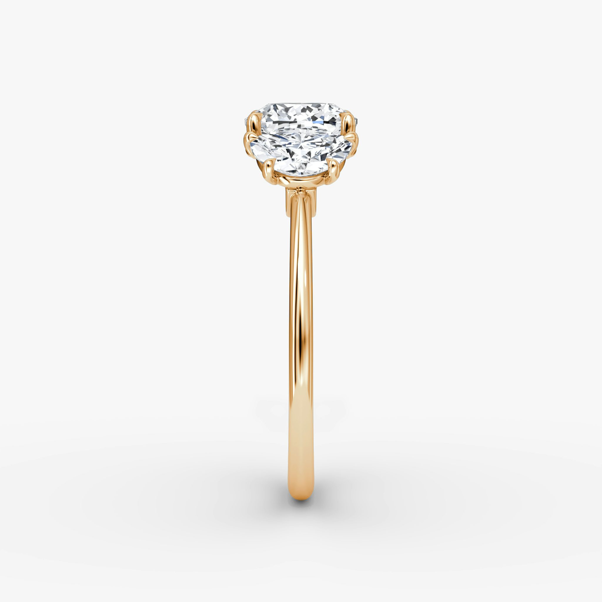 The Three Stone | Cushion | 14k | Rose Gold | bandAccent: Plain | sideStoneCarat: 0.50ct | sideStoneShape: Half Moon | diamondOrientation: vertical | caratWeight: other