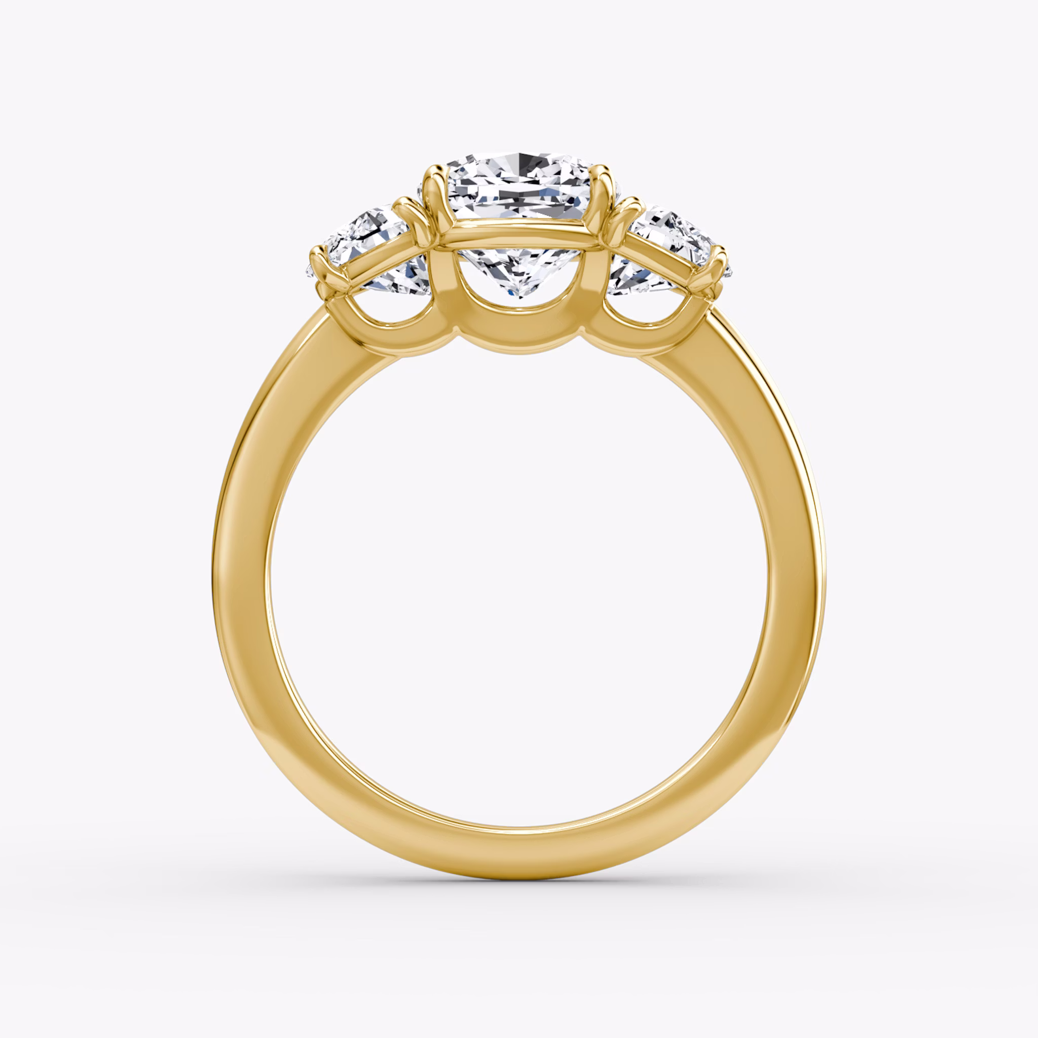 The Three Stone | Cushion | 18k | Yellow Gold | bandAccent: Plain | sideStoneCarat: 0.50ct | sideStoneShape: Half Moon | diamondOrientation: vertical | caratWeight: other