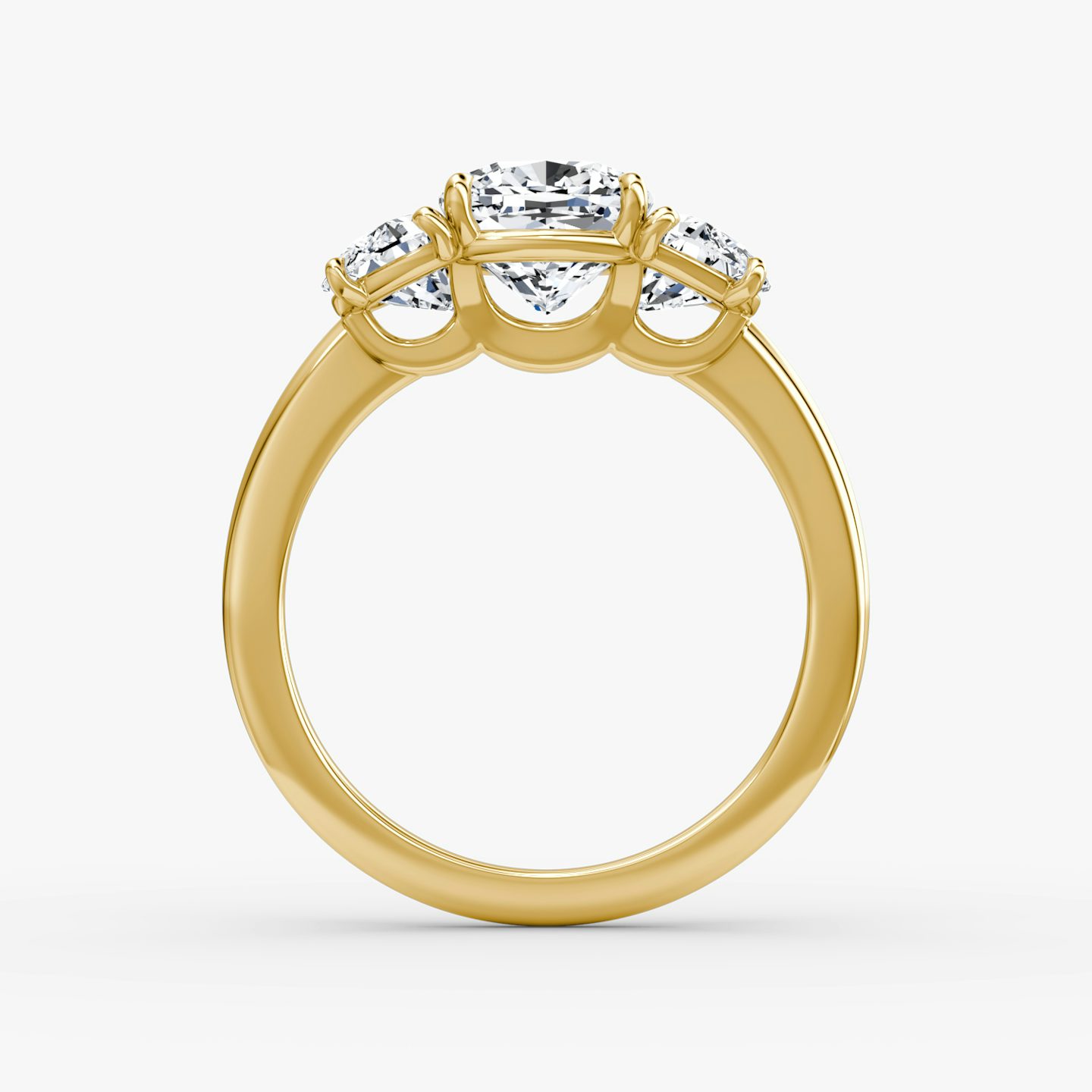 The Three Stone | Cushion | 18k | Yellow Gold | bandAccent: Plain | sideStoneCarat: 0.50ct | sideStoneShape: Half Moon | diamondOrientation: vertical | caratWeight: other