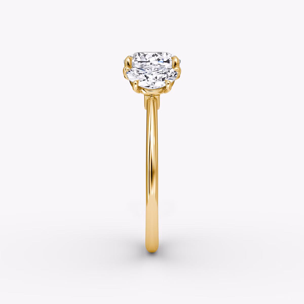 The Three Stone | Cushion | 18k | Yellow Gold | bandAccent: Plain | sideStoneCarat: 0.50ct | sideStoneShape: Half Moon | diamondOrientation: vertical | caratWeight: other