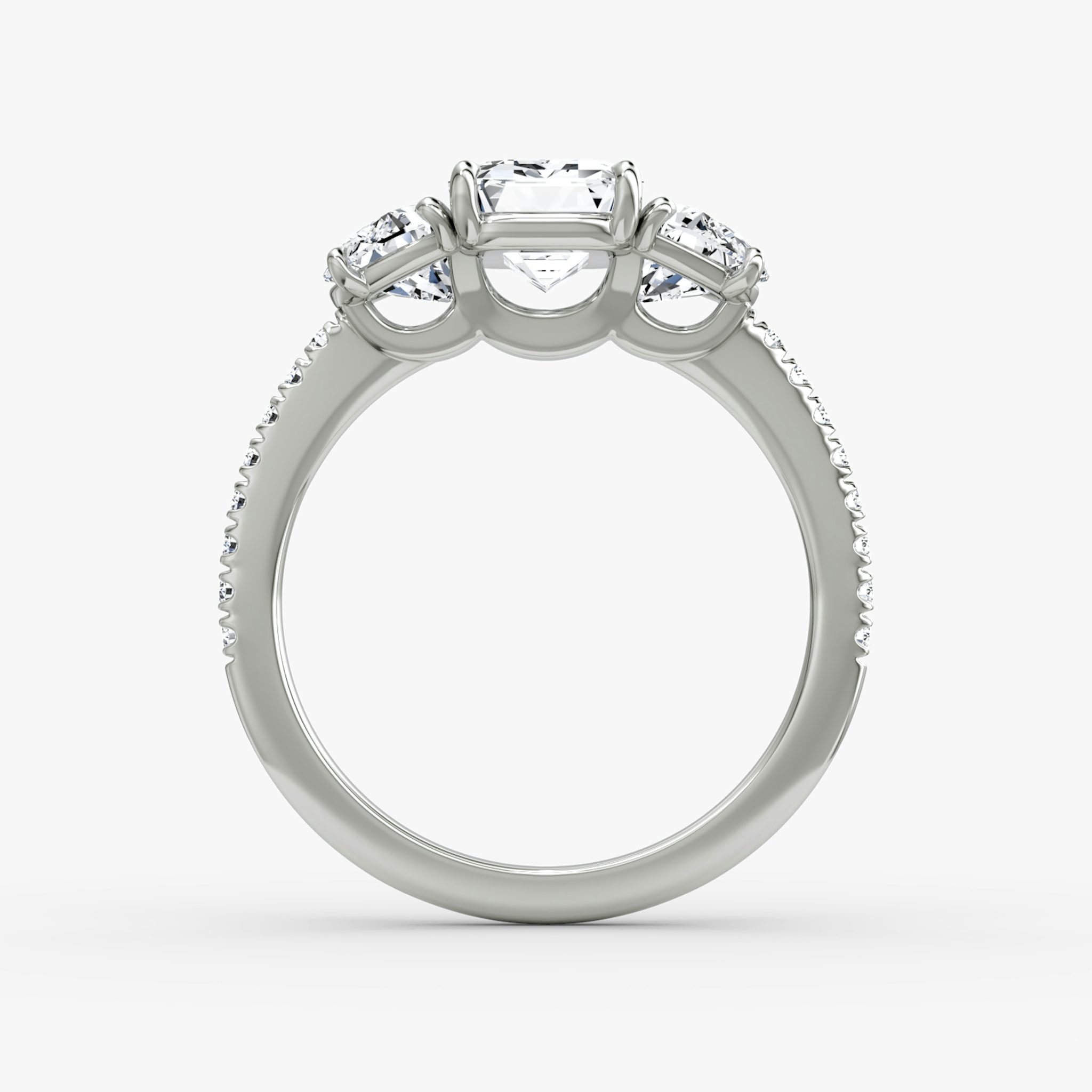 The Three Stone | Emerald | 18k | White Gold | bandAccent: Pavé | sideStoneCarat: 0.50ct | sideStoneShape: Half Moon | diamondOrientation: vertical | caratWeight: other