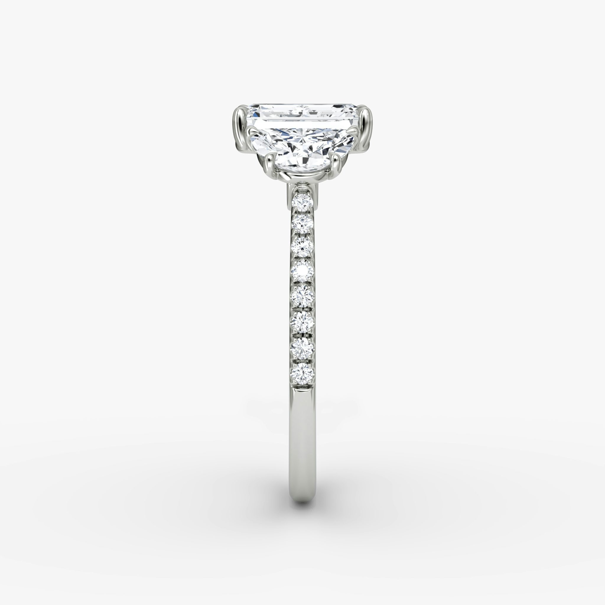 The Three Stone | Emerald | 18k | White Gold | bandAccent: Pavé | sideStoneCarat: 0.50ct | sideStoneShape: Half Moon | diamondOrientation: vertical | caratWeight: other