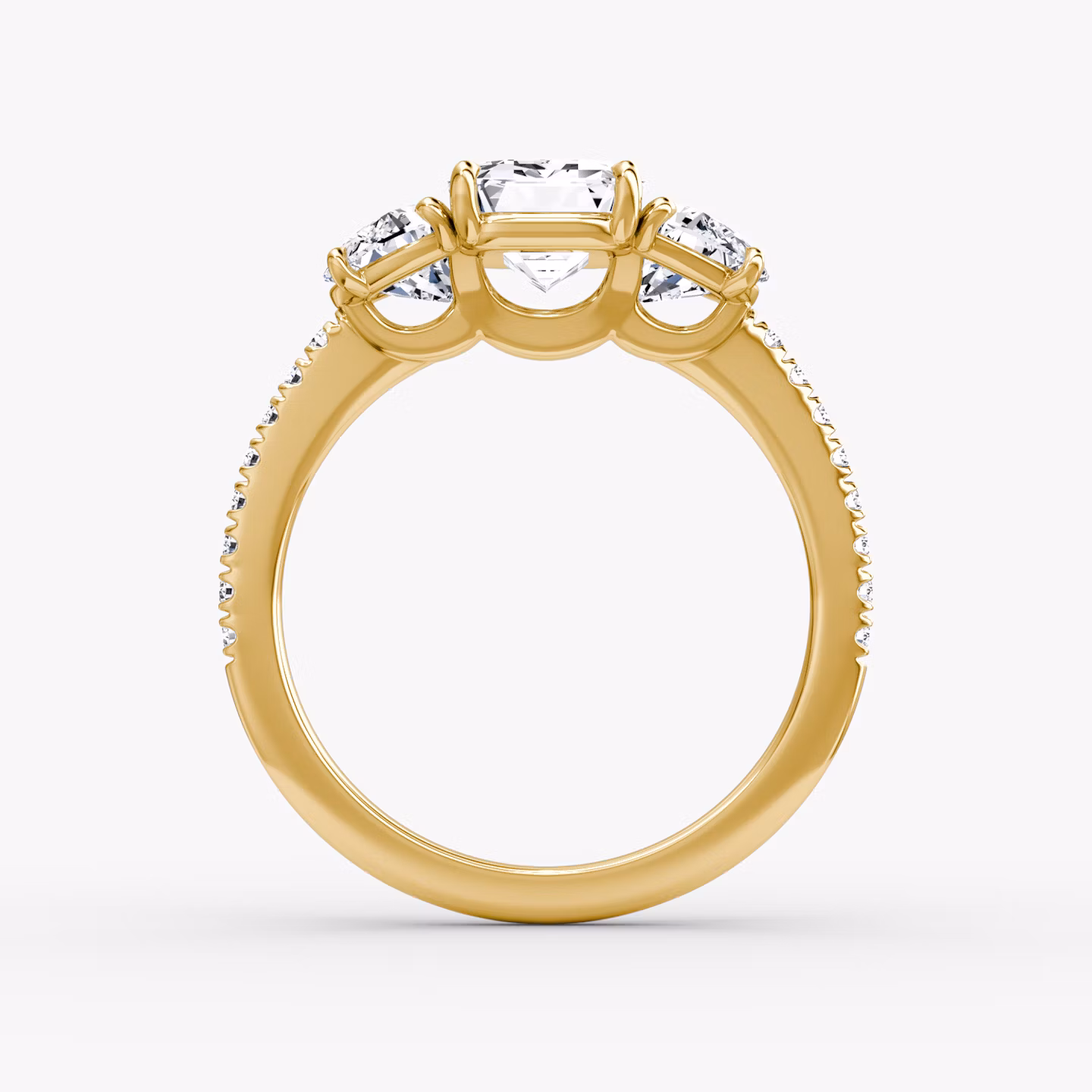 The Three Stone | Emerald | 18k | Yellow Gold | bandAccent: Pavé | sideStoneCarat: 0.50ct | sideStoneShape: Half Moon | diamondOrientation: vertical | caratWeight: other