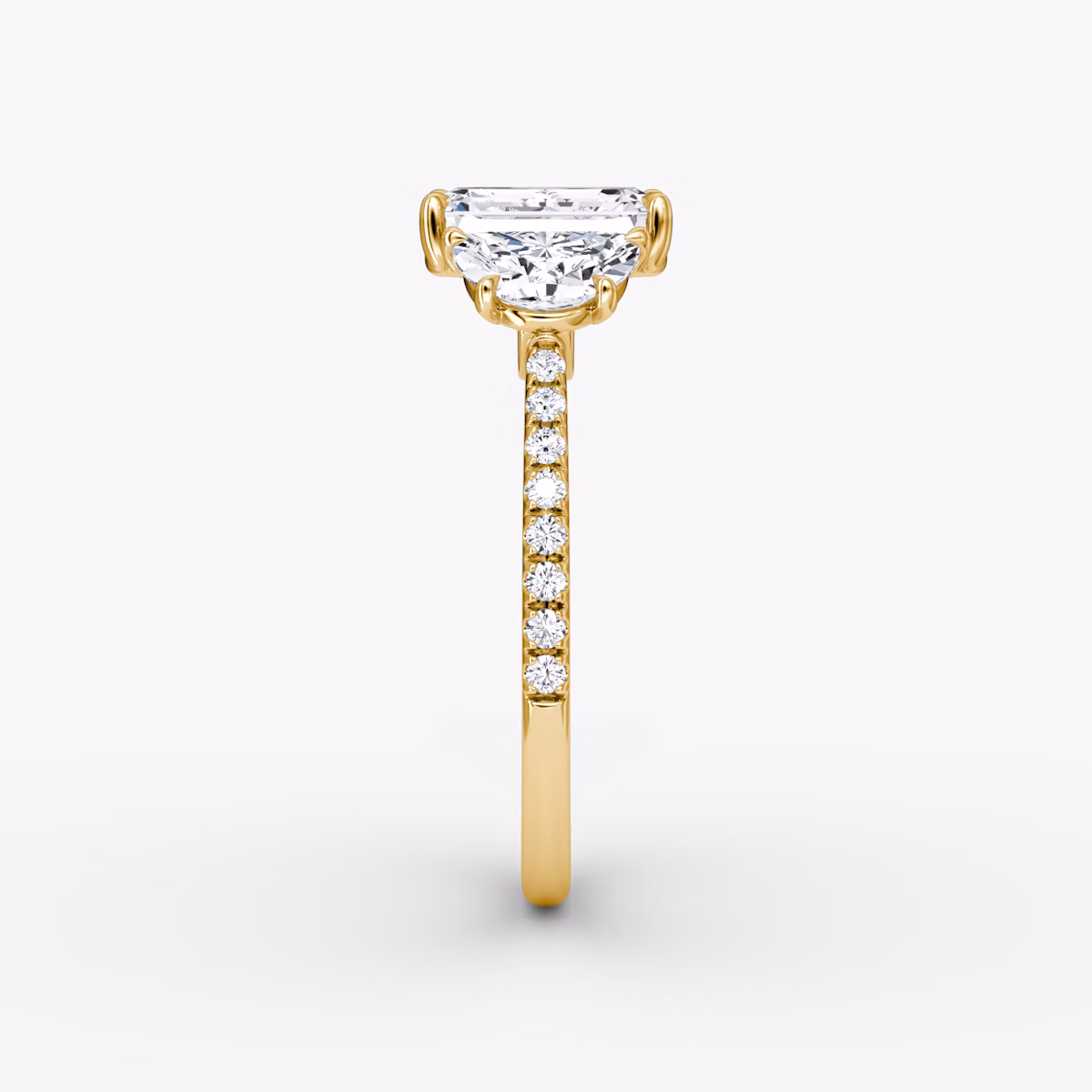 The Three Stone | Emerald | 18k | Yellow Gold | bandAccent: Pavé | sideStoneCarat: 0.50ct | sideStoneShape: Half Moon | diamondOrientation: vertical | caratWeight: other