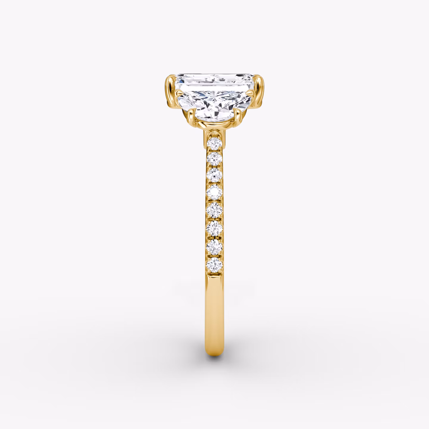 The Three Stone | Emerald | 18k | Yellow Gold | bandAccent: Pavé | sideStoneCarat: 0.50ct | sideStoneShape: Half Moon | diamondOrientation: vertical | caratWeight: other