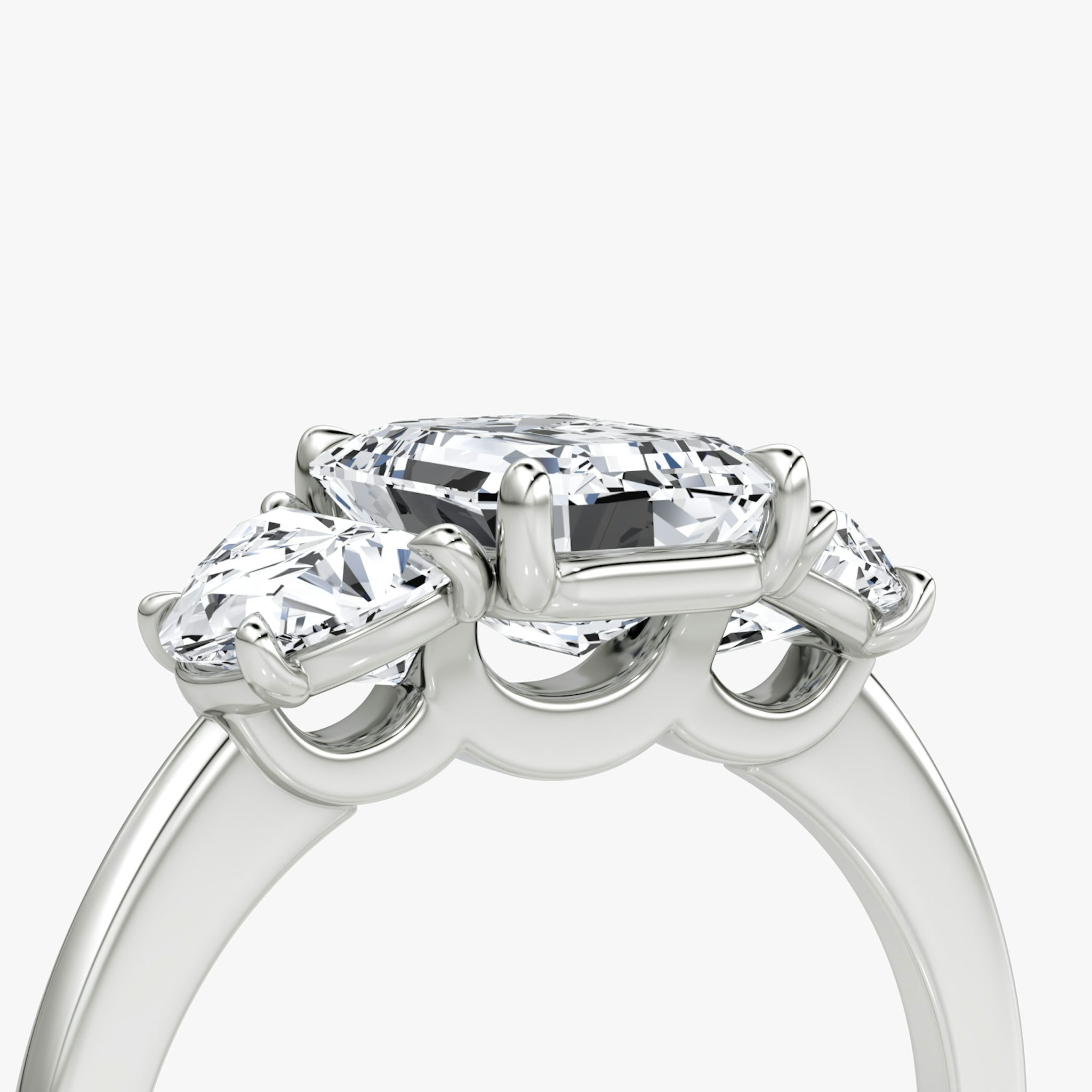 The Three Stone | Emerald | 18k | White Gold | bandAccent: Plain | sideStoneCarat: 0.50ct | sideStoneShape: Half Moon | diamondOrientation: vertical | caratWeight: other