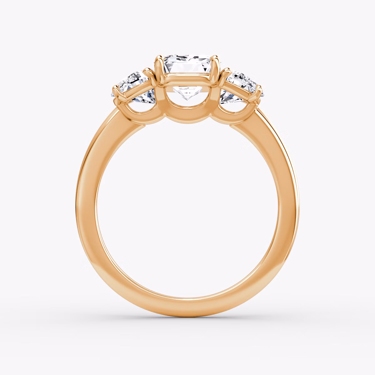 The Three Stone | Emerald | 14k | Rose Gold | bandAccent: Plain | sideStoneCarat: 0.50ct | sideStoneShape: Half Moon | diamondOrientation: vertical | caratWeight: other