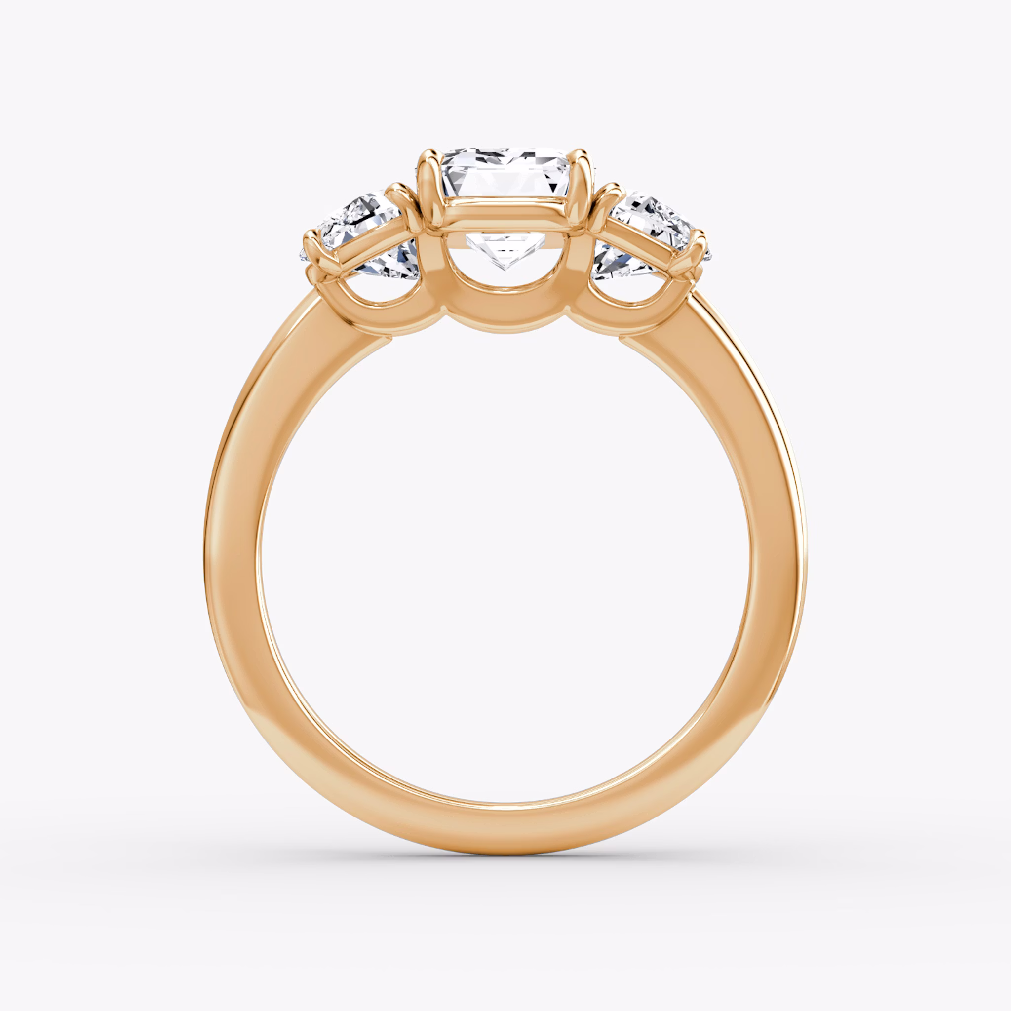 The Three Stone | Emerald | 14k | Rose Gold | bandAccent: Plain | sideStoneCarat: 0.50ct | sideStoneShape: Half Moon | diamondOrientation: vertical | caratWeight: other