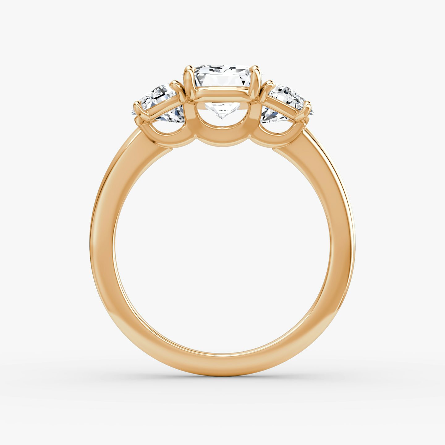 The Three Stone | Emerald | 14k | Rose Gold | bandAccent: Plain | sideStoneCarat: 0.50ct | sideStoneShape: Half Moon | diamondOrientation: vertical | caratWeight: other