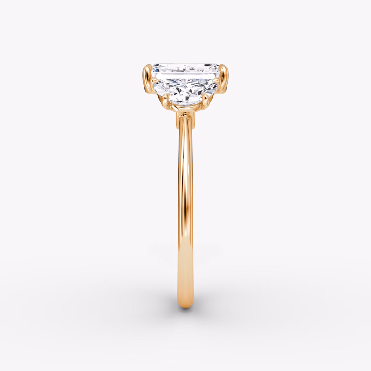 The Three Stone | Emerald | 14k | Rose Gold | bandAccent: Plain | sideStoneCarat: 0.50ct | sideStoneShape: Half Moon | diamondOrientation: vertical | caratWeight: other