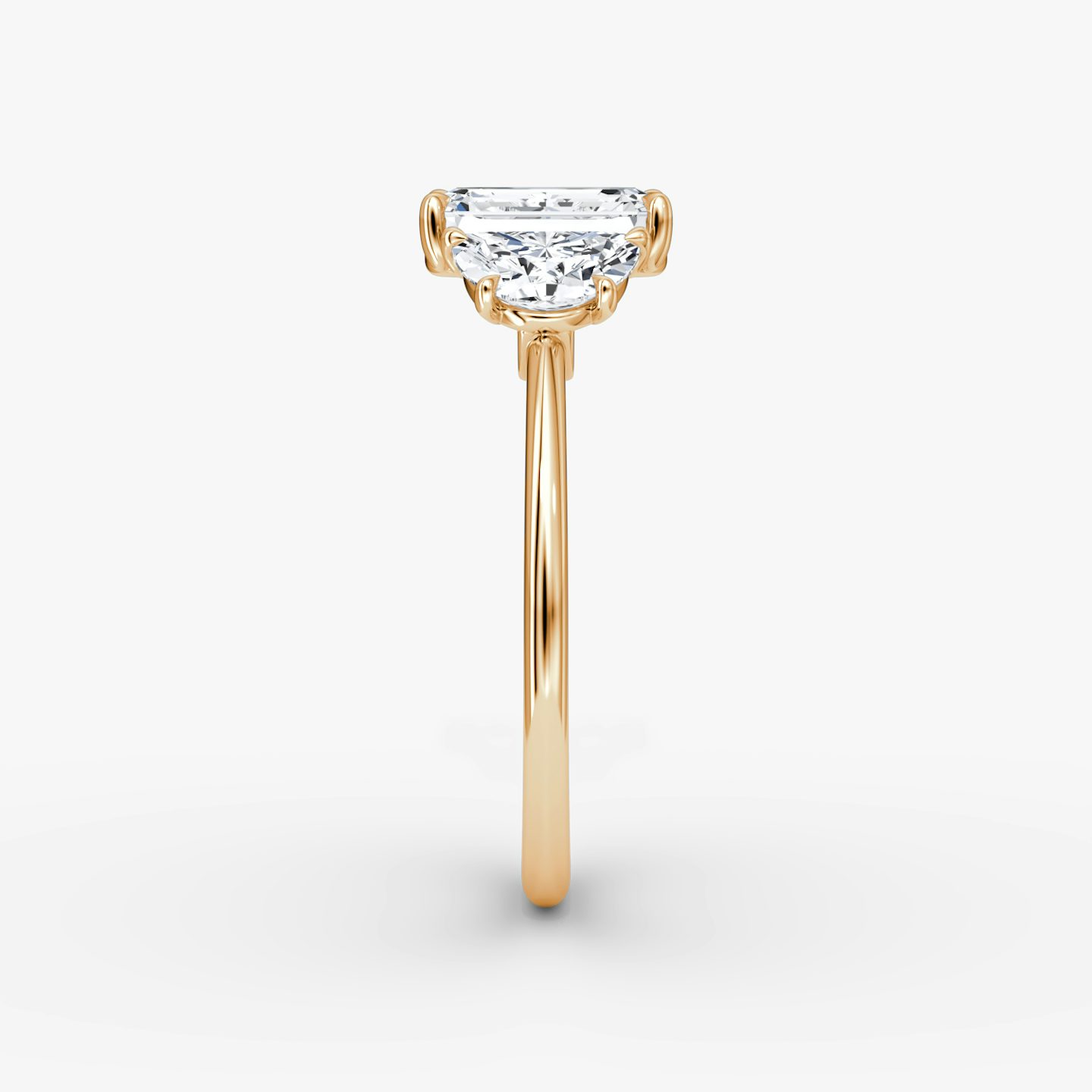 The Three Stone | Emerald | 14k | Rose Gold | bandAccent: Plain | sideStoneCarat: 0.50ct | sideStoneShape: Half Moon | diamondOrientation: vertical | caratWeight: other