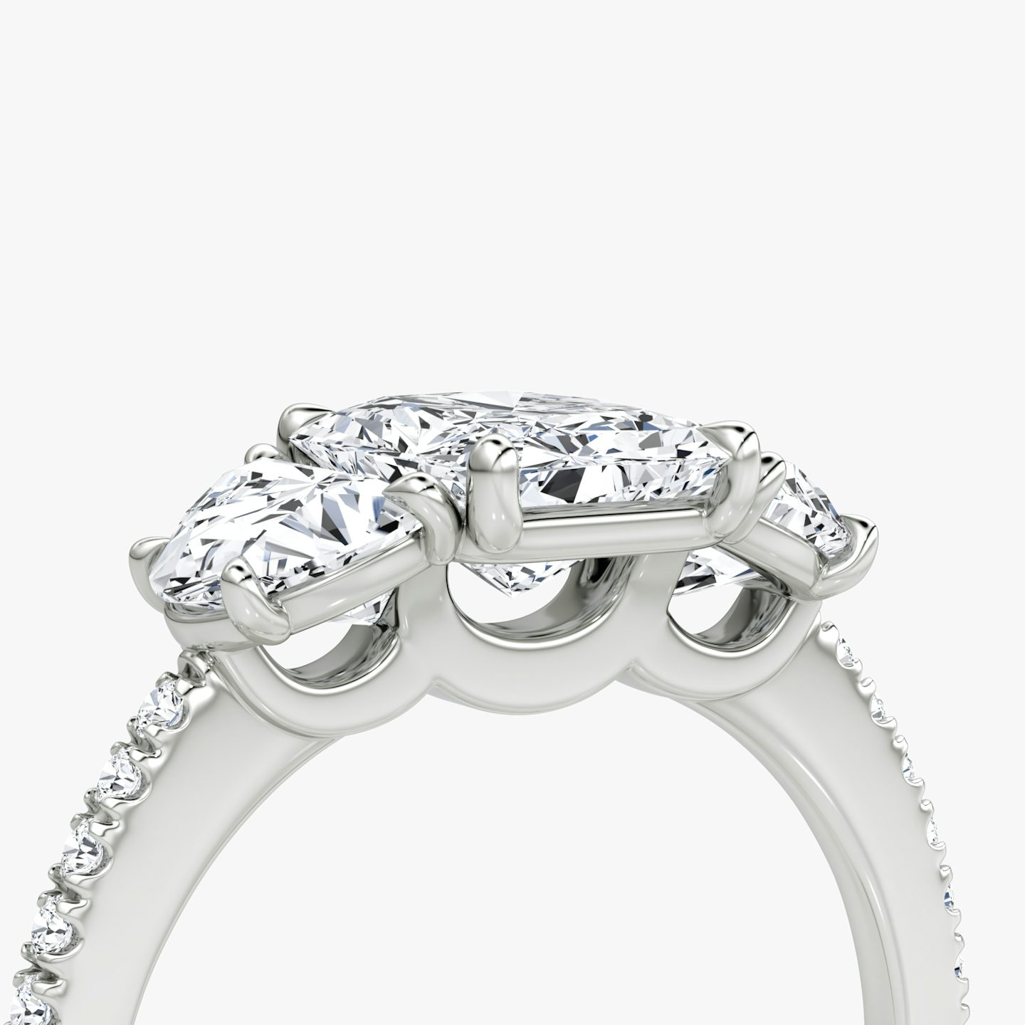 The Three Stone | Radiant | 18k | White Gold | bandAccent: Pavé | sideStoneCarat: 0.50ct | sideStoneShape: Half Moon | diamondOrientation: vertical | caratWeight: other
