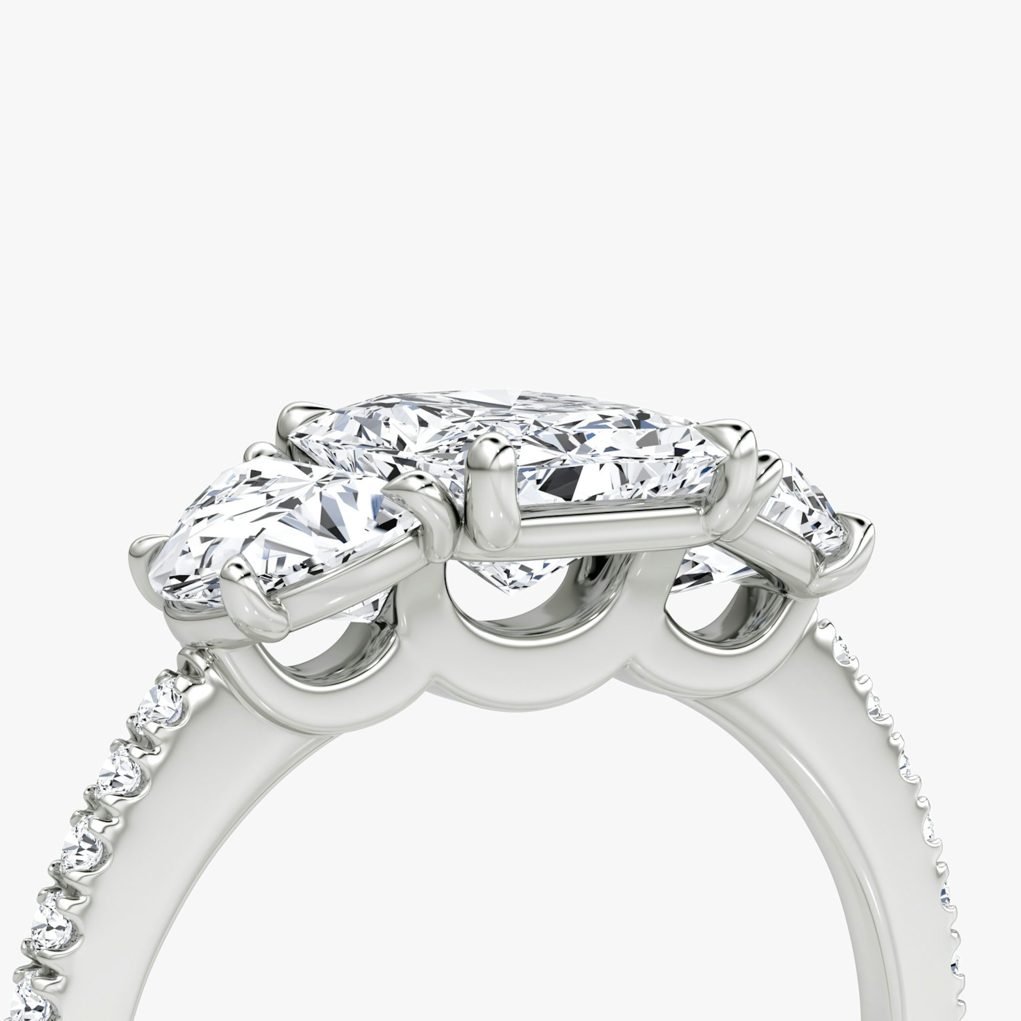 The Three Stone | Radiant | 18k | White Gold | bandAccent: Pavé | sideStoneCarat: 0.50ct | sideStoneShape: Half Moon | diamondOrientation: vertical | caratWeight: other