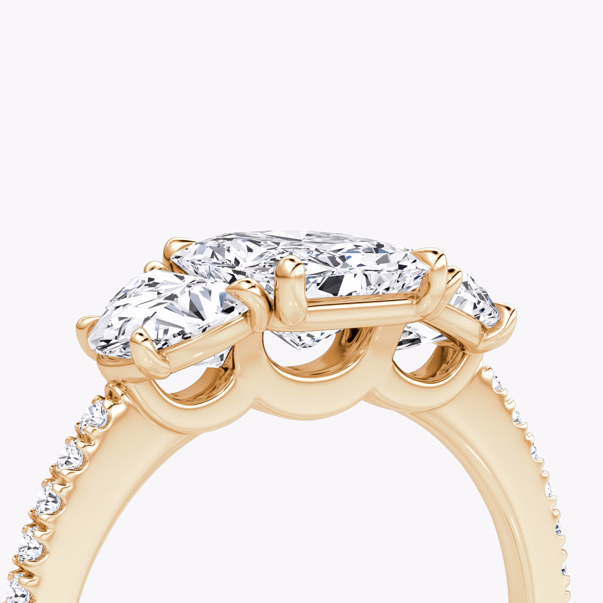 The Three Stone | Radiant | 14k | Rose Gold | bandAccent: Pavé | sideStoneCarat: 0.50ct | sideStoneShape: Half Moon | diamondOrientation: vertical | caratWeight: other
