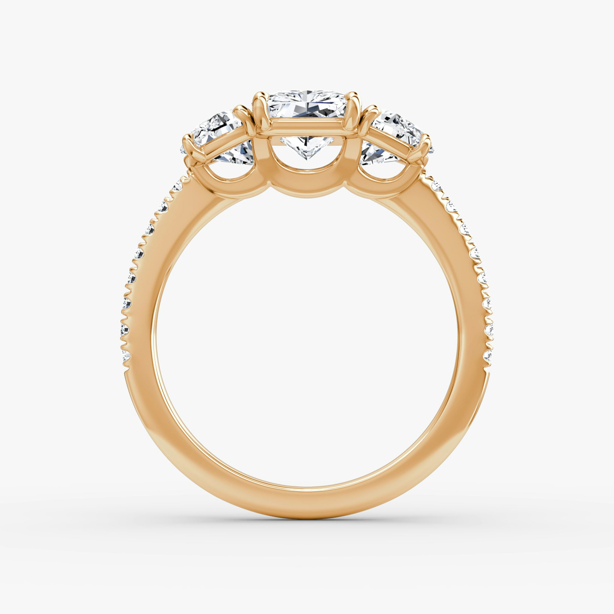 The Three Stone | Radiant | 14k | Rose Gold | bandAccent: Pavé | sideStoneCarat: 0.50ct | sideStoneShape: Half Moon | diamondOrientation: vertical | caratWeight: other