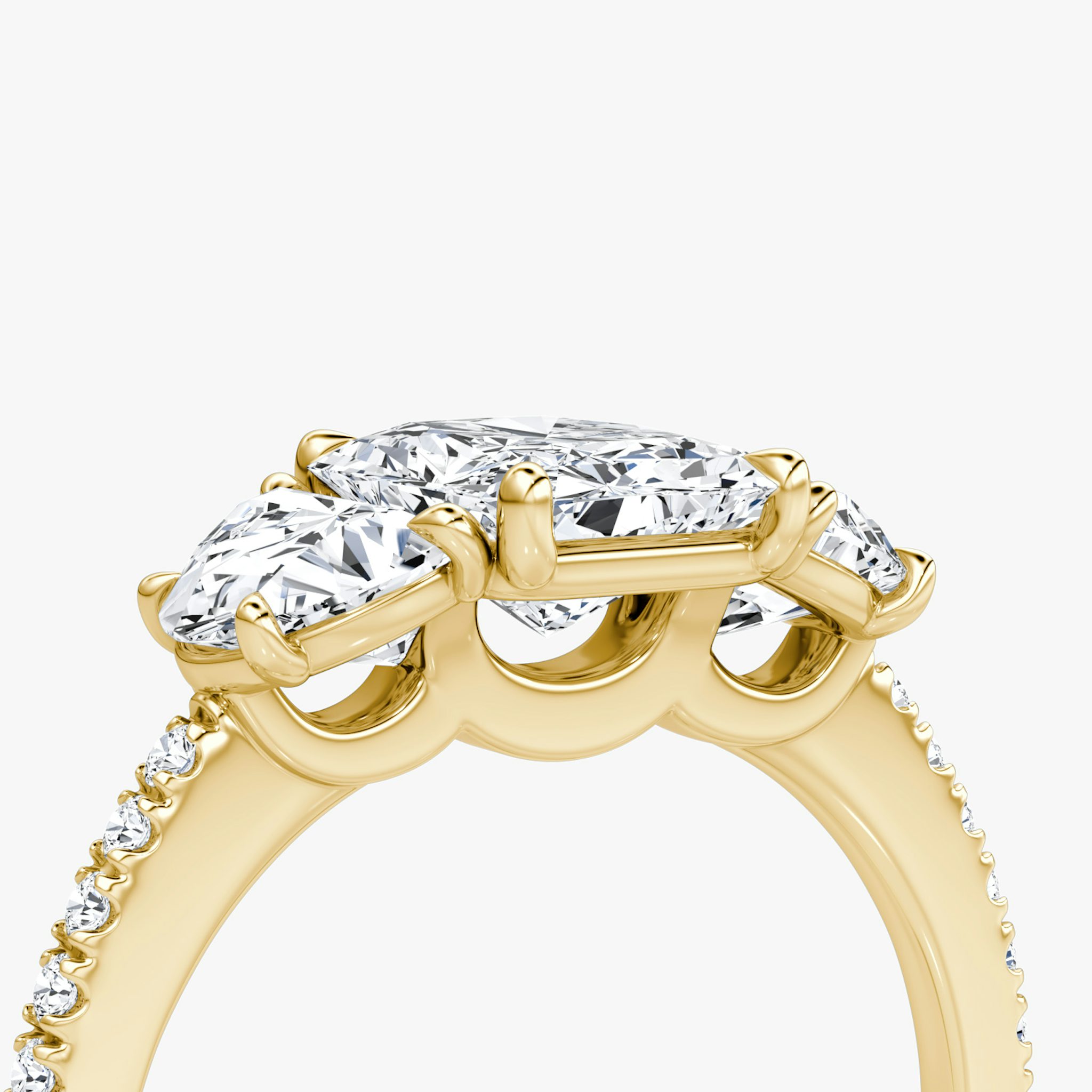 The Three Stone | Radiant | 18k | Yellow Gold | bandAccent: Pavé | sideStoneCarat: 0.50ct | sideStoneShape: Half Moon | diamondOrientation: vertical | caratWeight: other