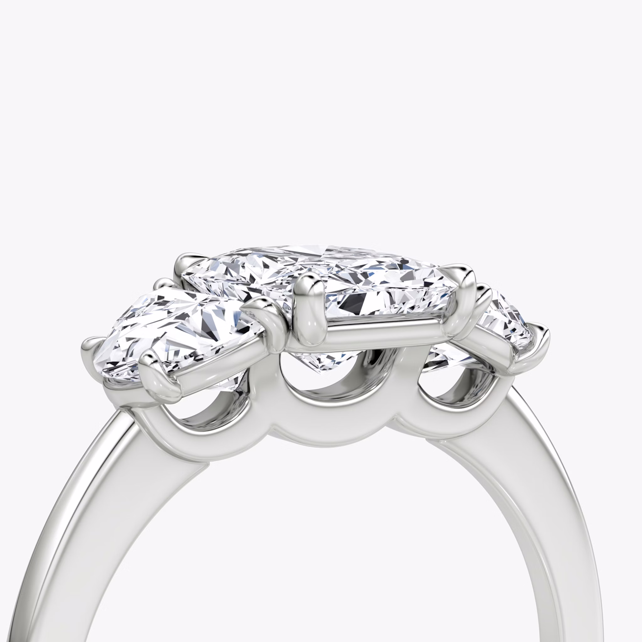 The Three Stone | Radiant | 18k | White Gold | bandAccent: Plain | sideStoneCarat: 0.50ct | sideStoneShape: Half Moon | diamondOrientation: vertical | caratWeight: other