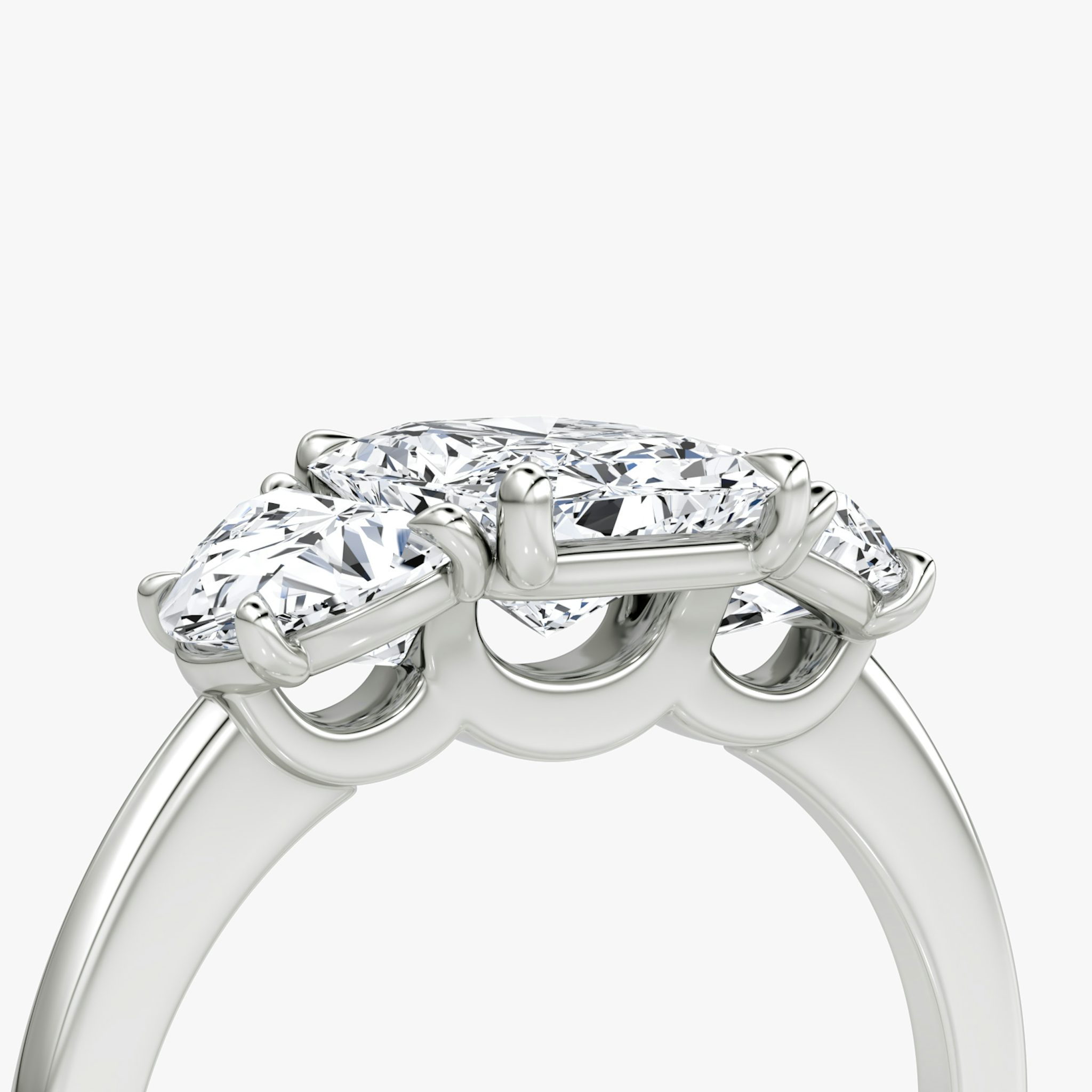 The Three Stone | Radiant | 18k | White Gold | bandAccent: Plain | sideStoneCarat: 0.50ct | sideStoneShape: Half Moon | diamondOrientation: vertical | caratWeight: other