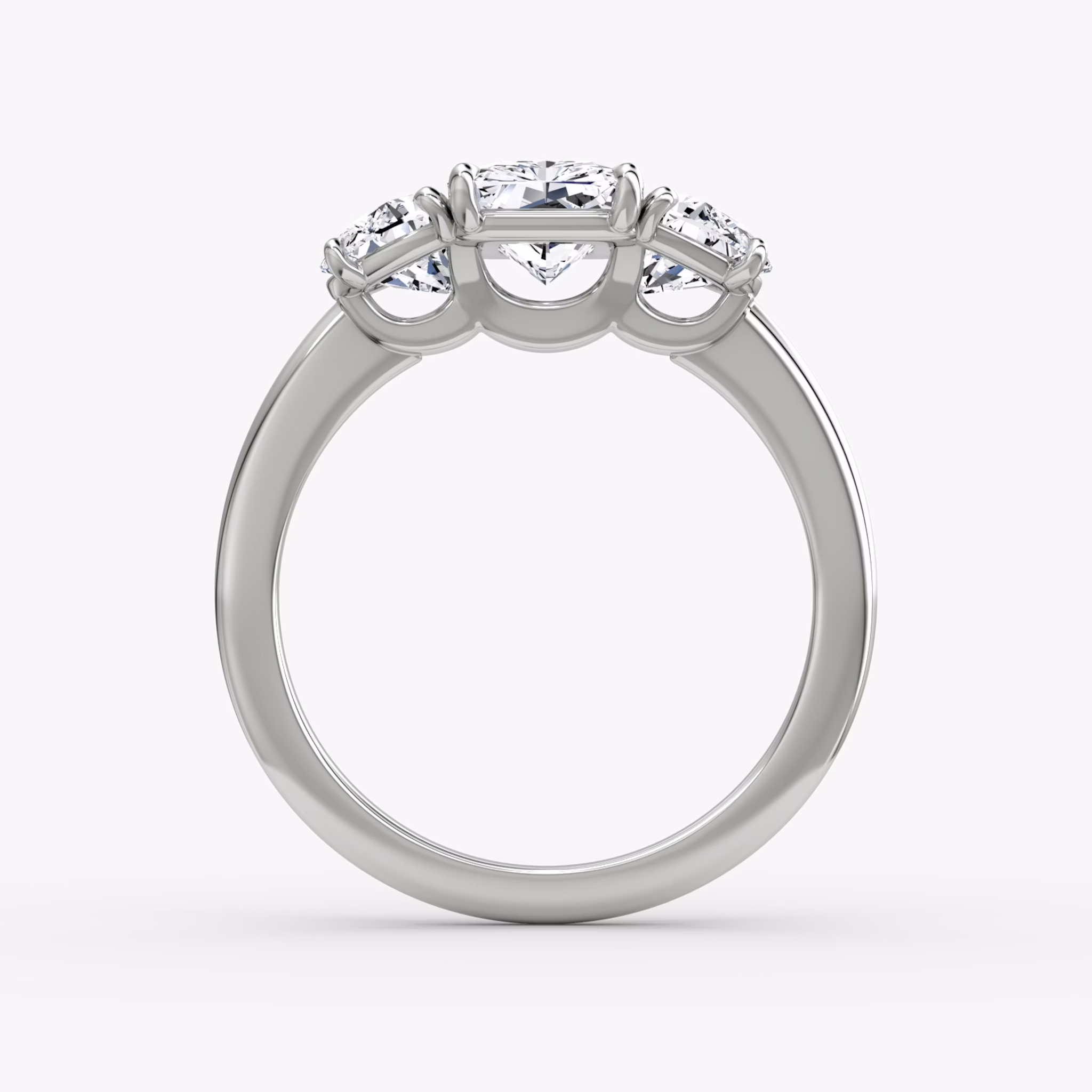 The Three Stone | Radiant | 18k | White Gold | bandAccent: Plain | sideStoneCarat: 0.50ct | sideStoneShape: Half Moon | diamondOrientation: vertical | caratWeight: other
