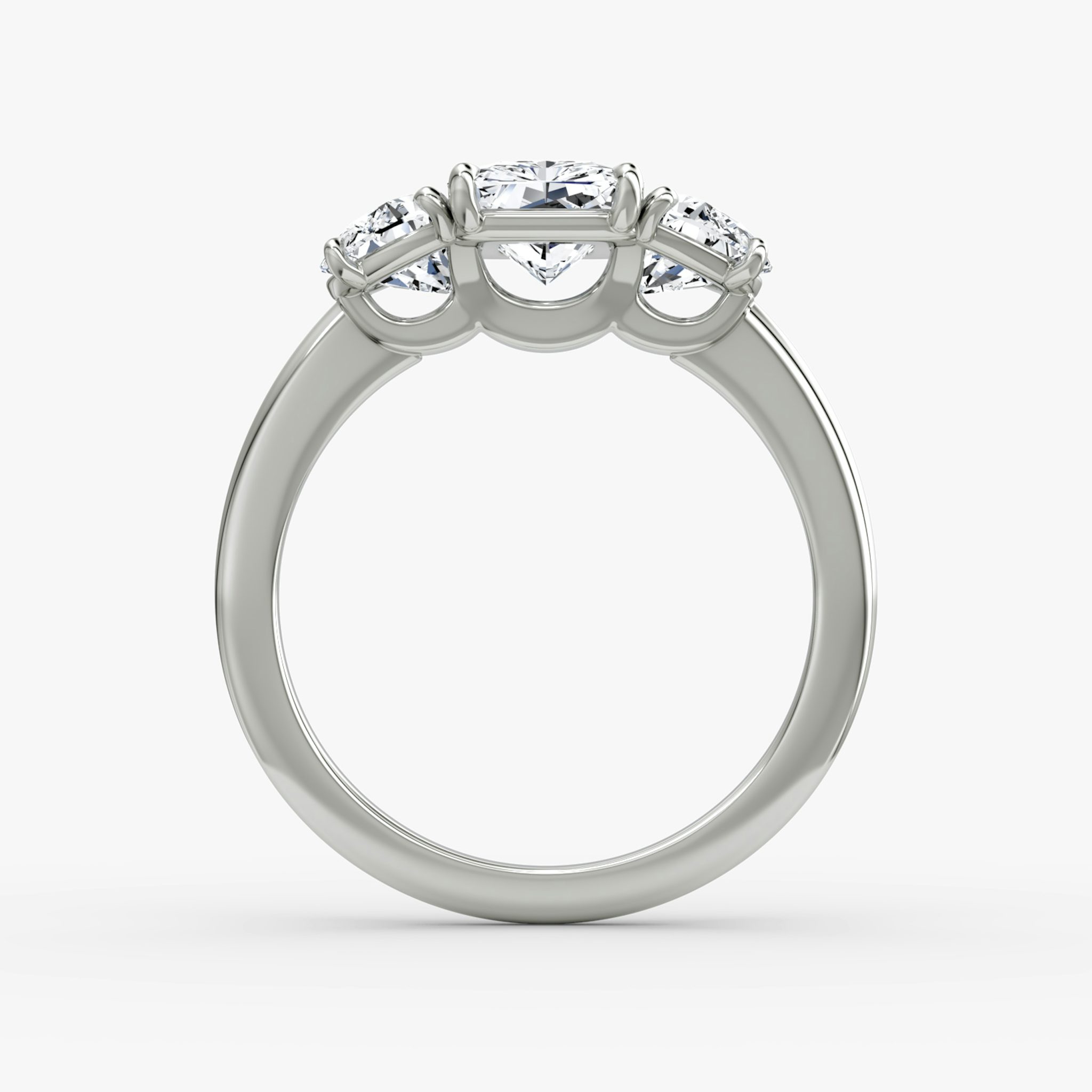 The Three Stone | Radiant | 18k | White Gold | bandAccent: Plain | sideStoneCarat: 0.50ct | sideStoneShape: Half Moon | diamondOrientation: vertical | caratWeight: other
