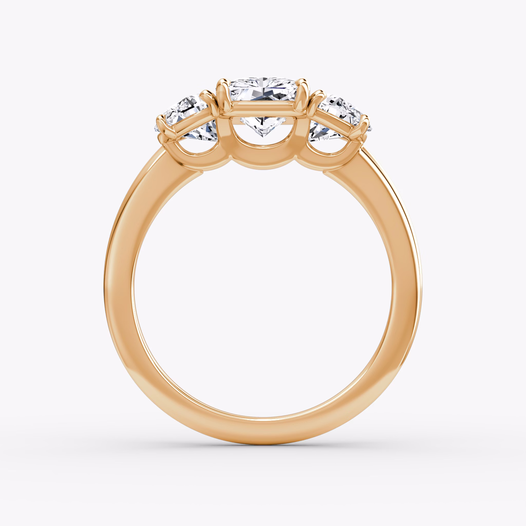 The Three Stone | Radiant | 14k | Rose Gold | bandAccent: Plain | sideStoneCarat: 0.50ct | sideStoneShape: Half Moon | diamondOrientation: vertical | caratWeight: other