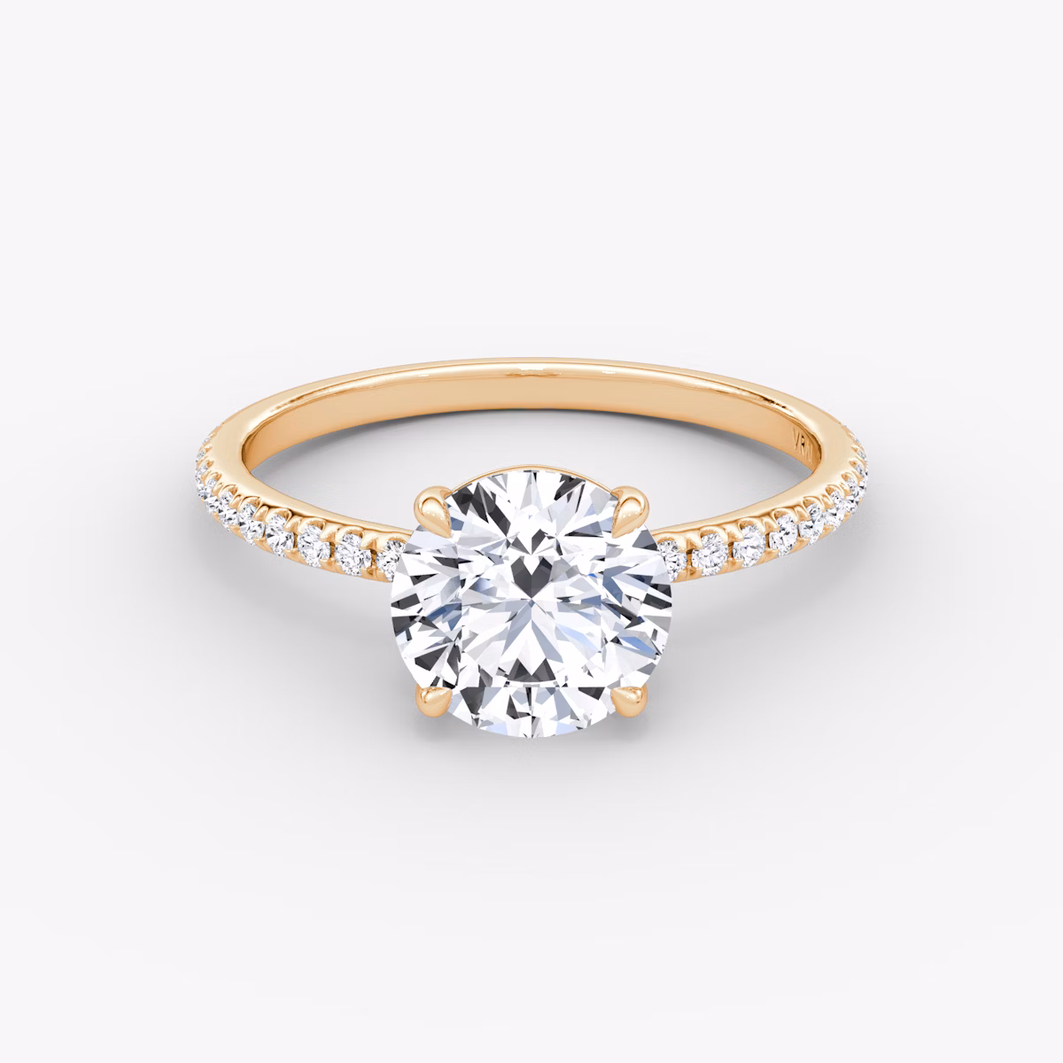 The Signature | Round Brilliant | 14k | Rose Gold | bandAccent: Pavé | bandWidth: standard | caratWeight: other | hiddenHalo: no | diamondOrientation: vertical