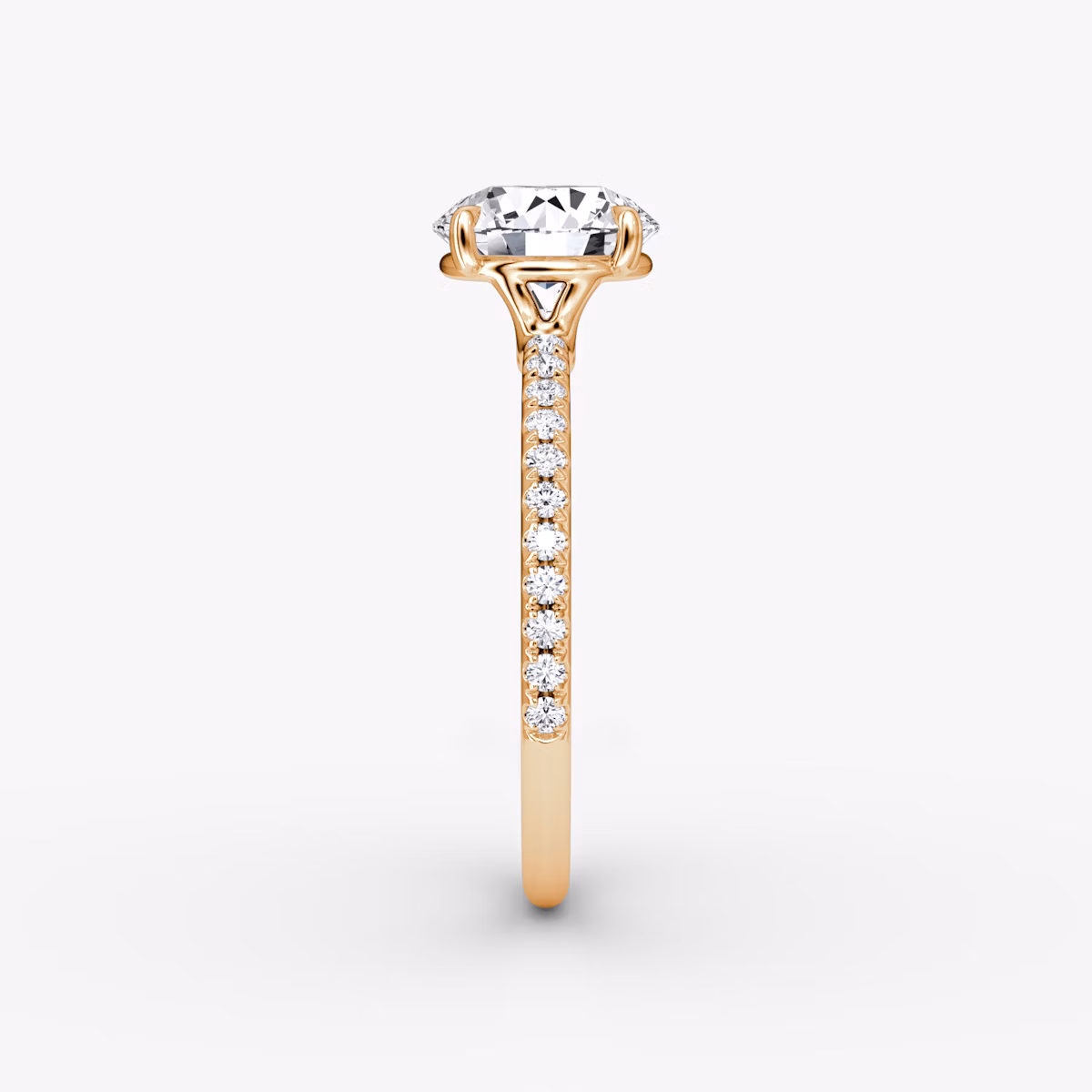 The Signature | Round Brilliant | 14k | Rose Gold | bandAccent: Pavé | bandWidth: standard | caratWeight: other | hiddenHalo: no | diamondOrientation: vertical