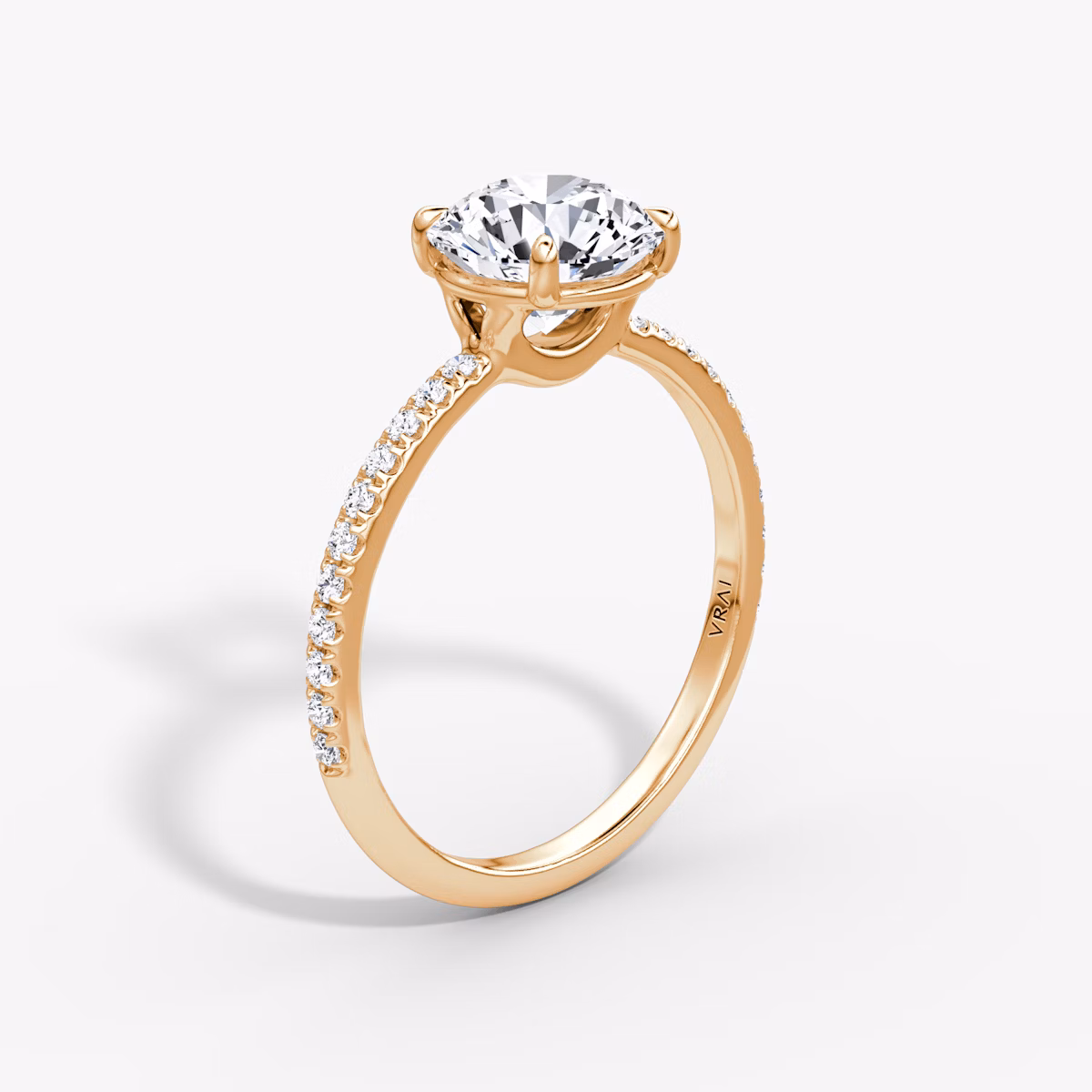 The Signature | Round Brilliant | 14k | Rose Gold | bandAccent: Pavé | bandWidth: standard | caratWeight: other | hiddenHalo: no | diamondOrientation: vertical