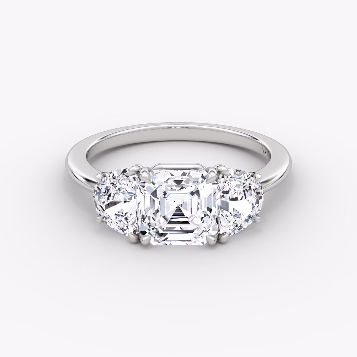 The Three Stone | Asscher | 18k | White Gold | bandAccent: Plain | sideStoneCarat: 0.50ct | sideStoneShape: Half Moon | diamondOrientation: vertical | caratWeight: other