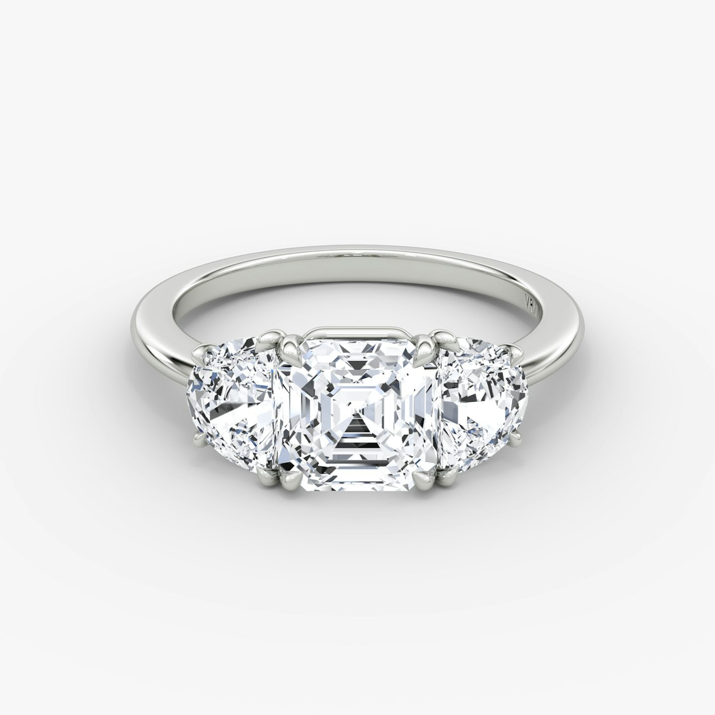 The Three Stone | Asscher | 18k | White Gold | bandAccent: Plain | sideStoneCarat: 0.50ct | sideStoneShape: Half Moon | diamondOrientation: vertical | caratWeight: other