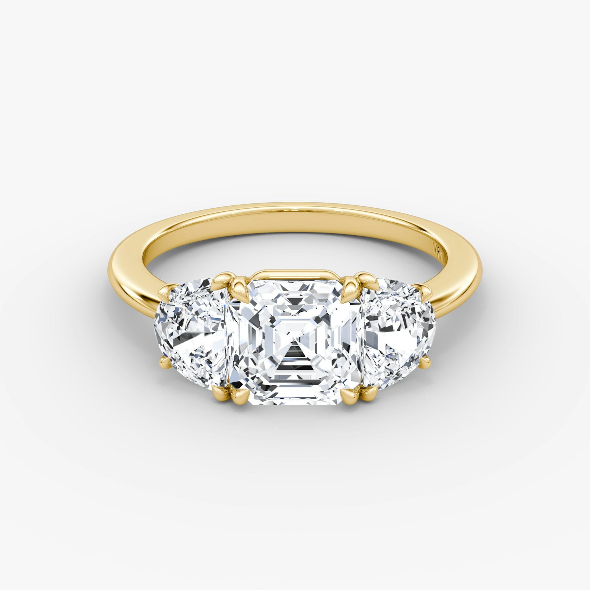 The Three Stone | Asscher | 18k | Yellow Gold | bandAccent: Plain | sideStoneCarat: 0.50ct | sideStoneShape: Half Moon | diamondOrientation: vertical | caratWeight: other