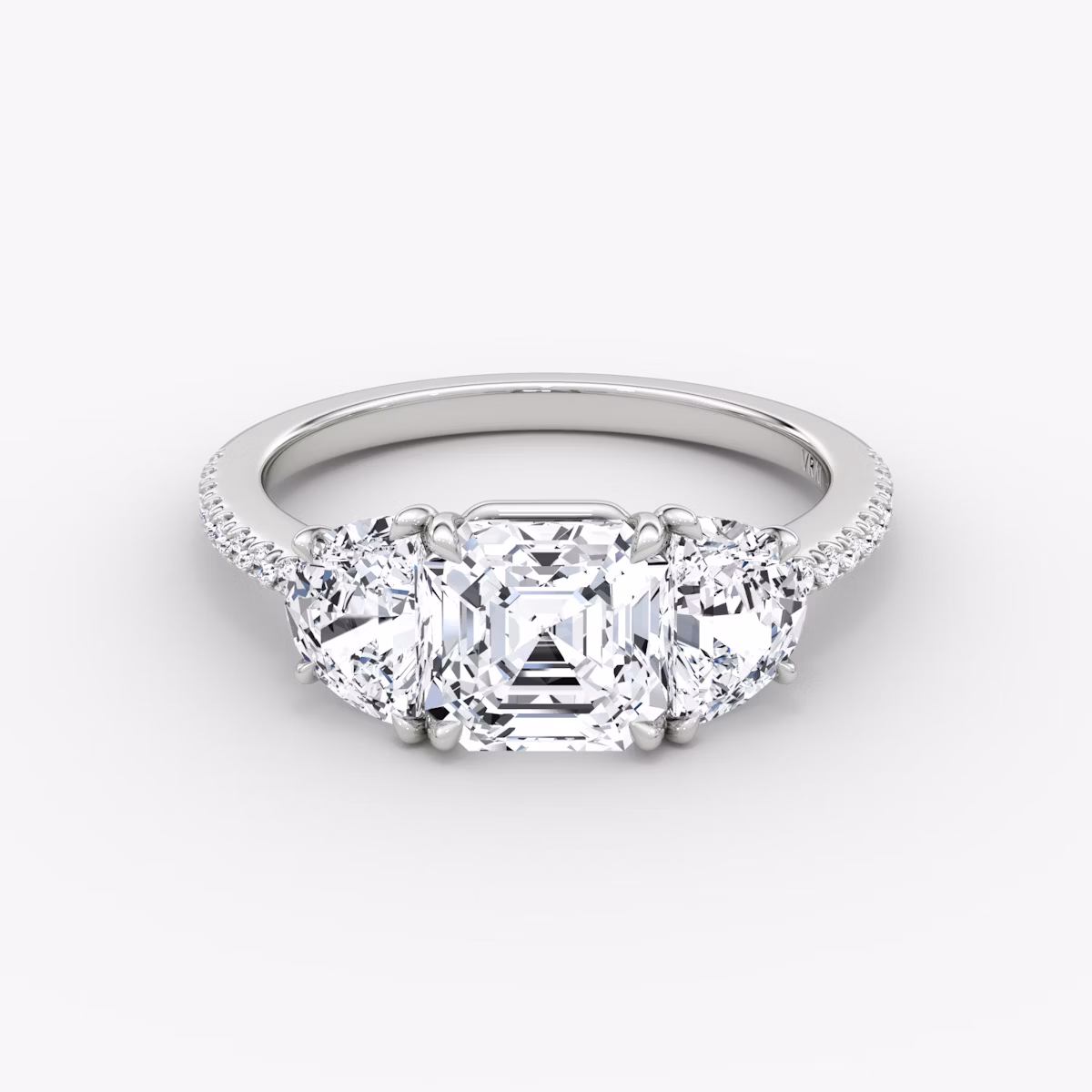 The Three Stone | Asscher | Platinum | bandAccent: Pavé | sideStoneCarat: 0.50ct | sideStoneShape: Half Moon | diamondOrientation: vertical | caratWeight: other